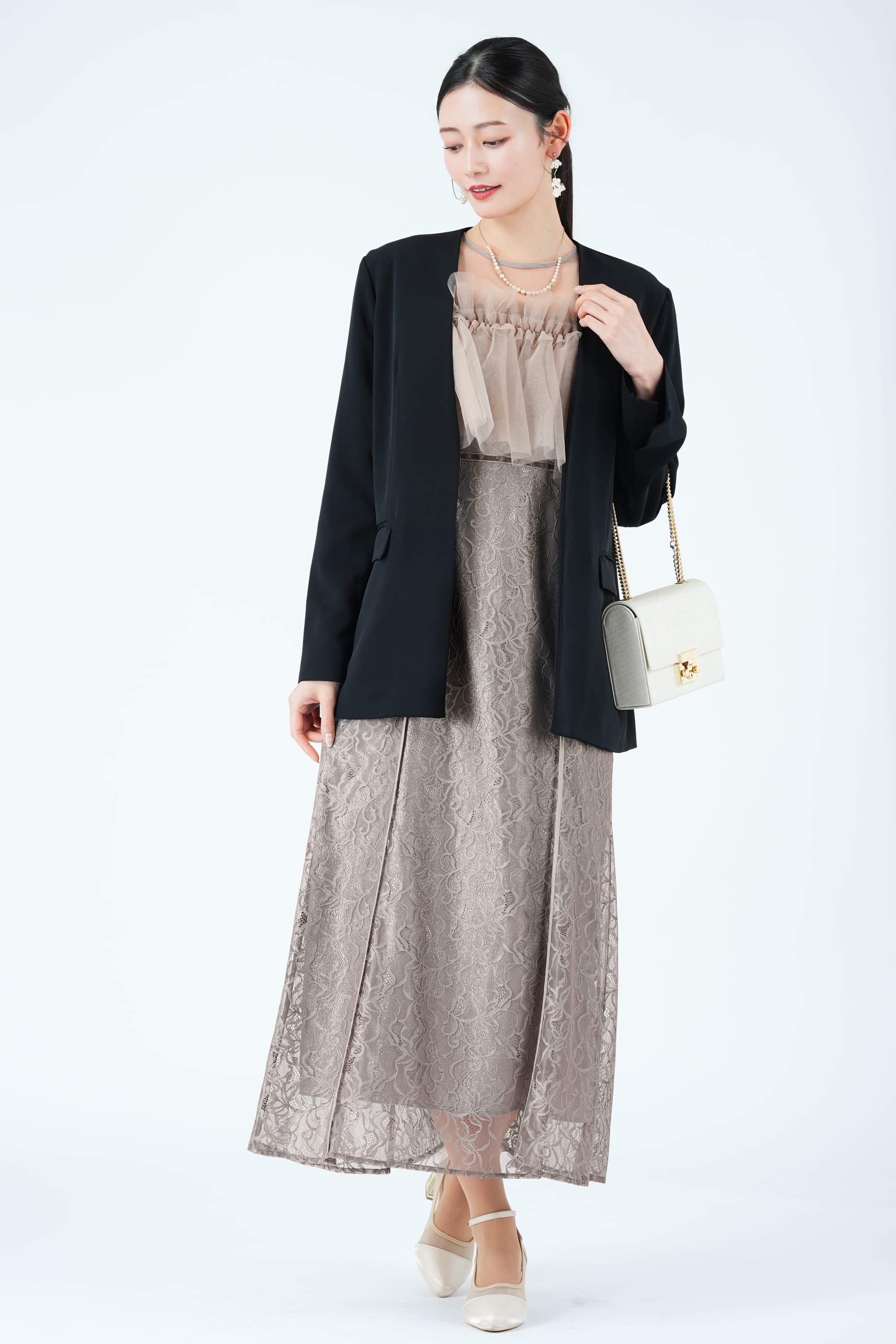 シルバー箔レイヤードエンブロイダリーくすみピンクドレス