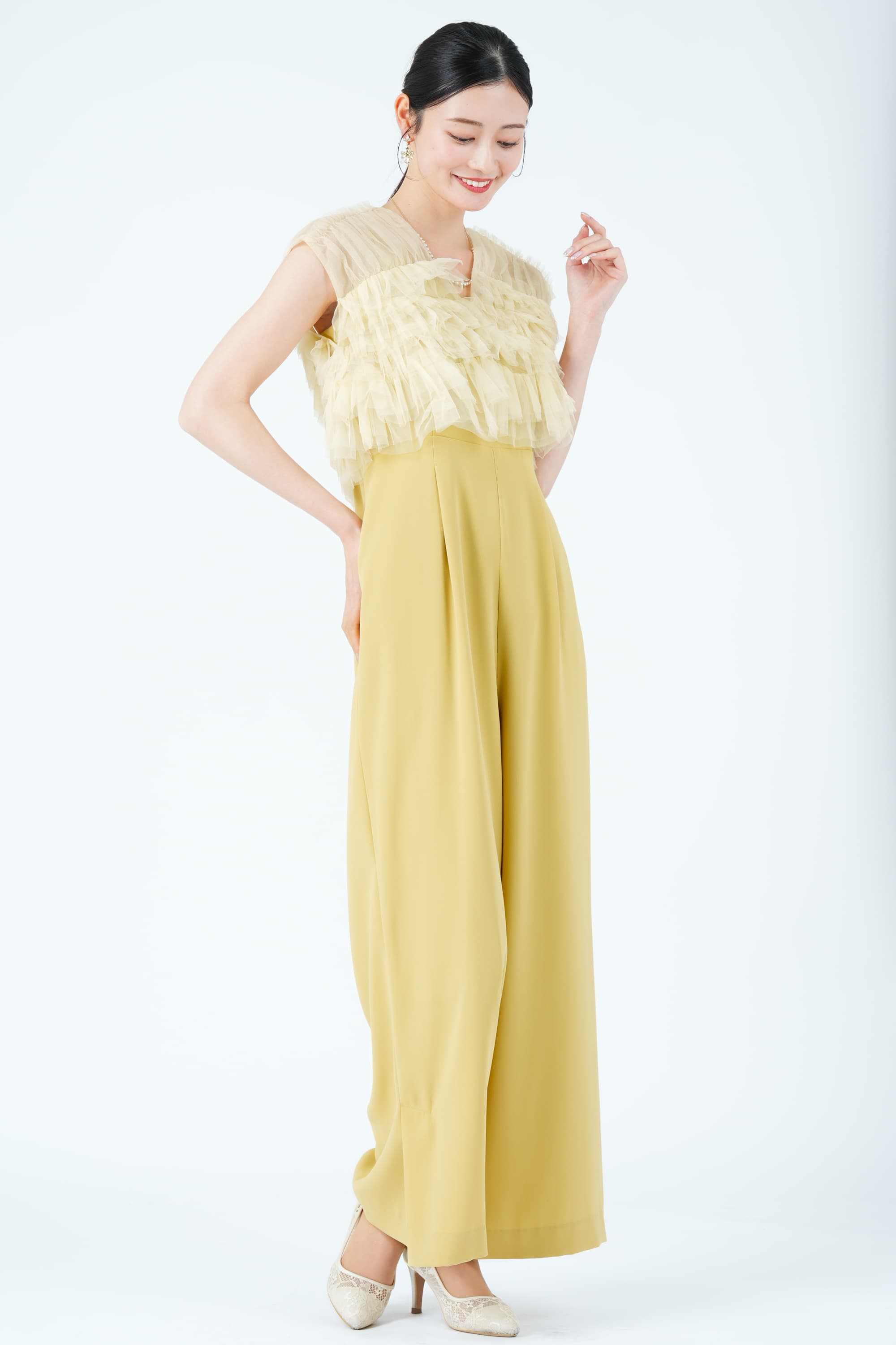ティアードフリルボレロ付きイエローパンツドレス