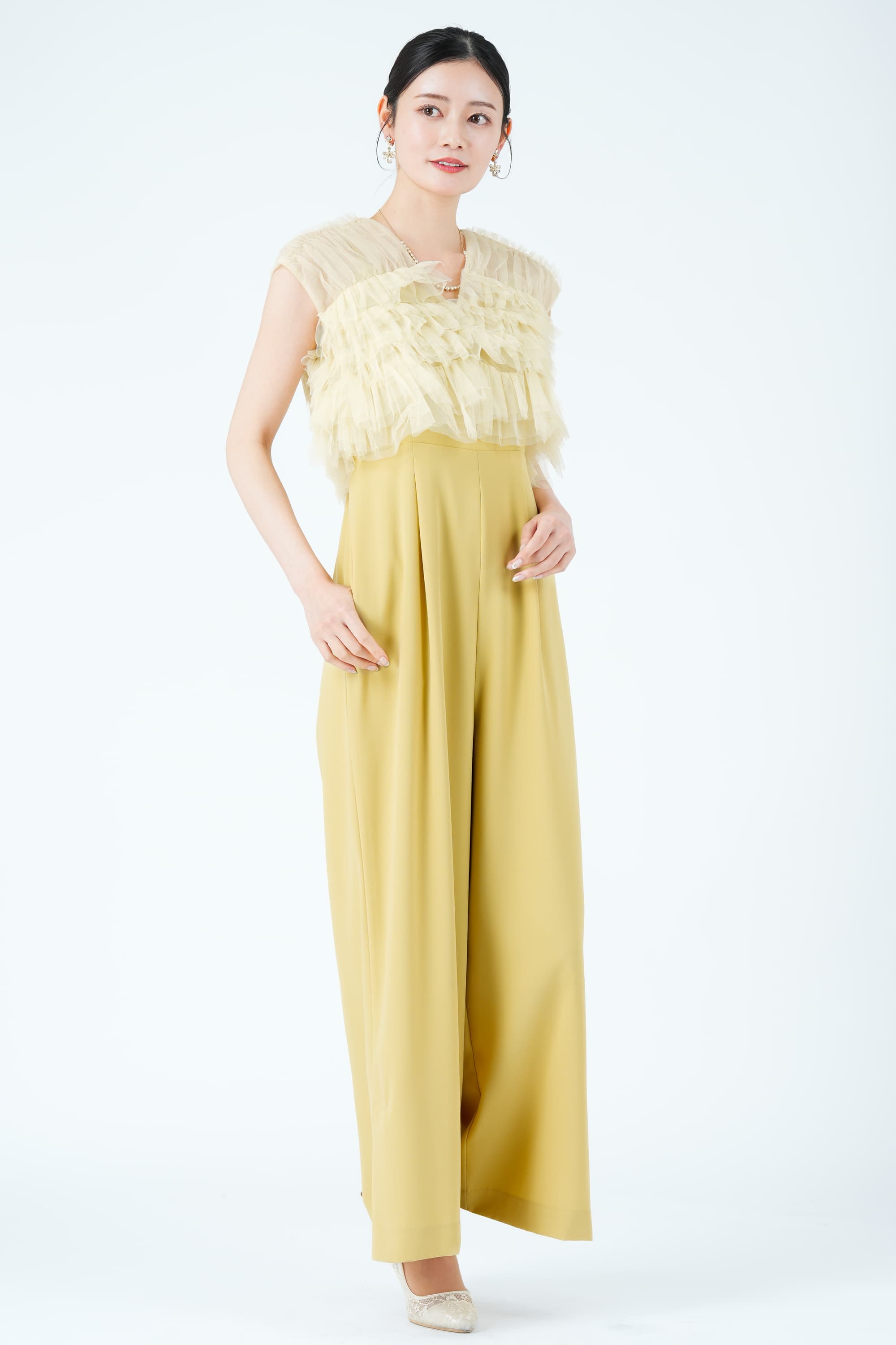 ティアードフリルボレロ付きイエローパンツドレス