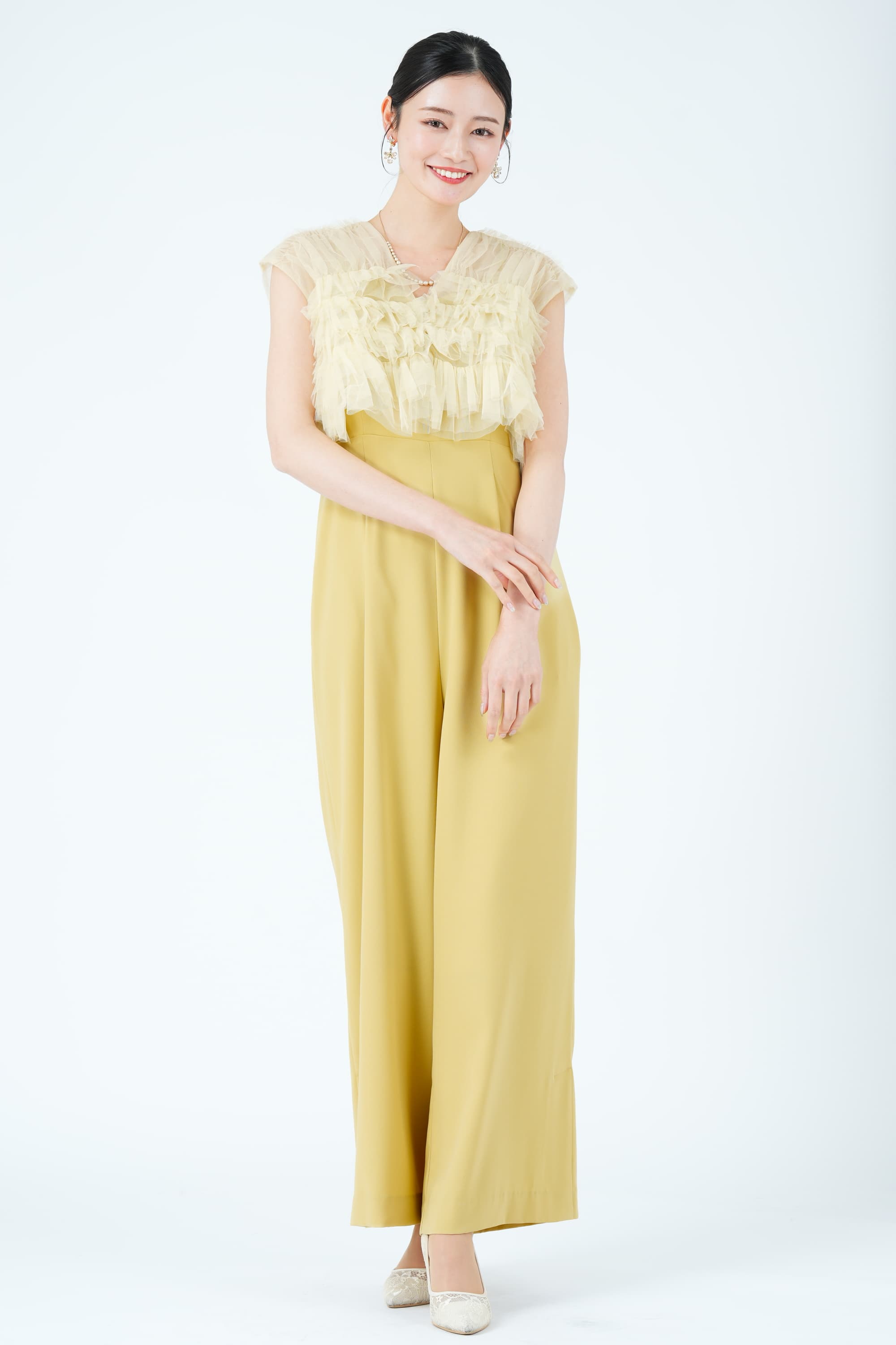 ティアードフリルボレロ付きイエローパンツドレス