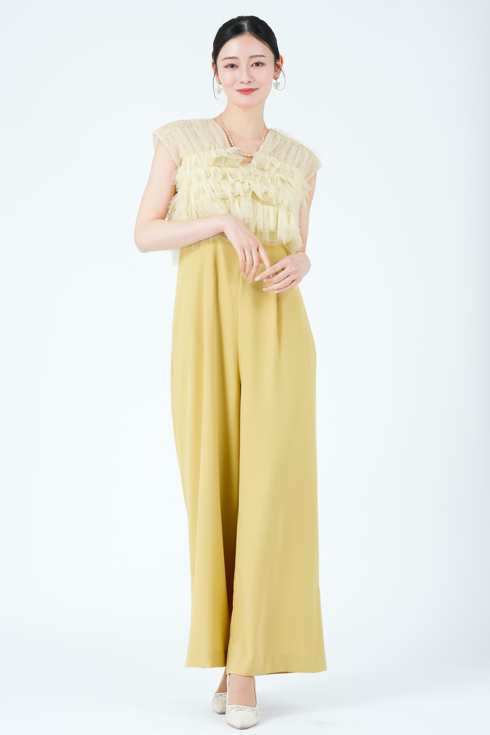 AIMER ティアードフリルボレロ付きイエローパンツドレス (S) を