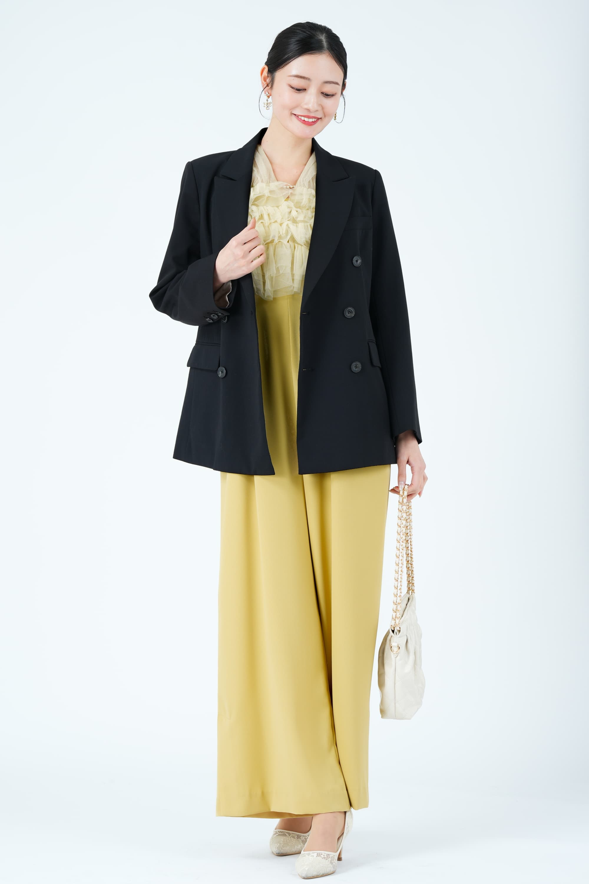 ティアードフリルボレロ付きイエローパンツドレス