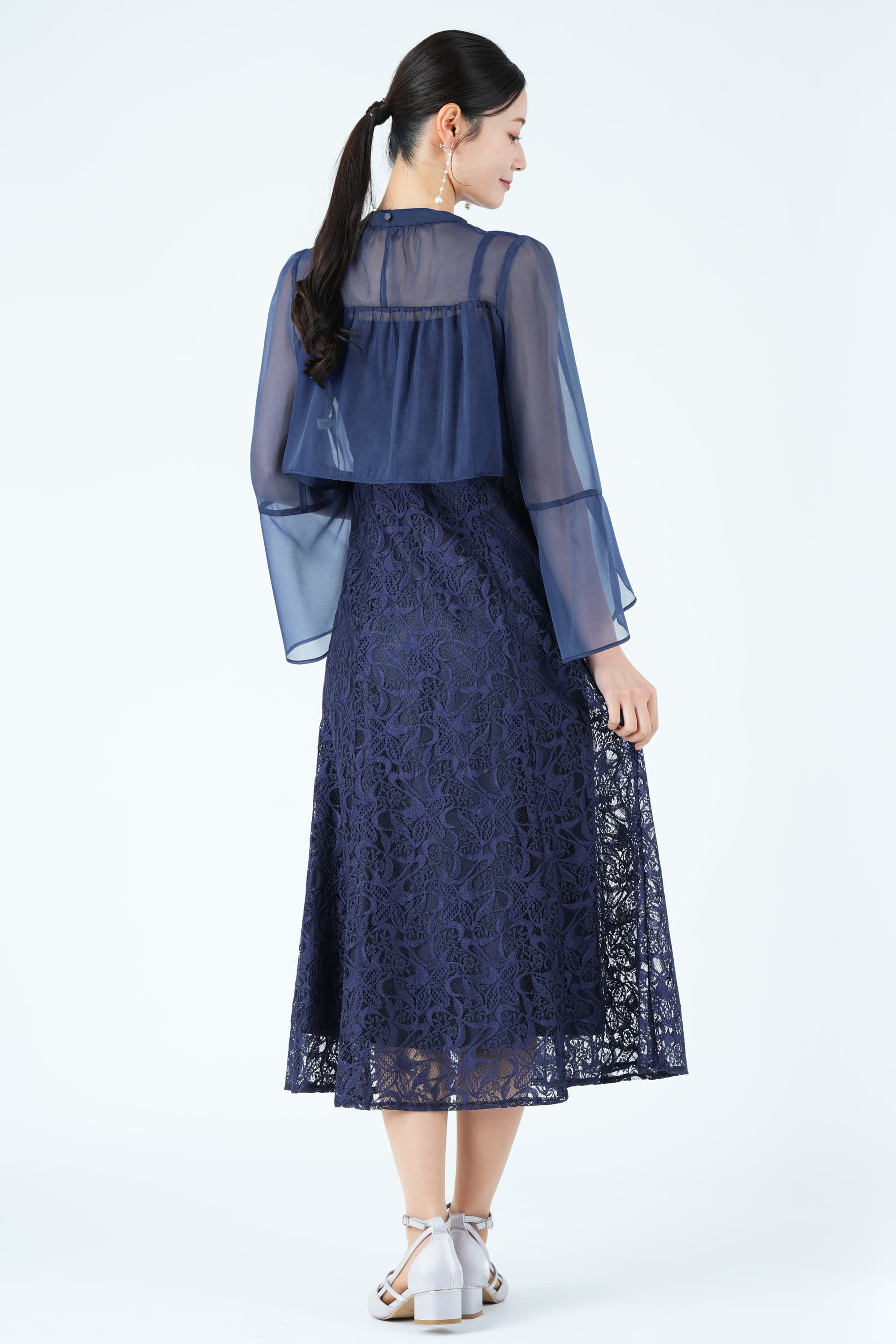 シアーフレアスリーブレースネイビードレス