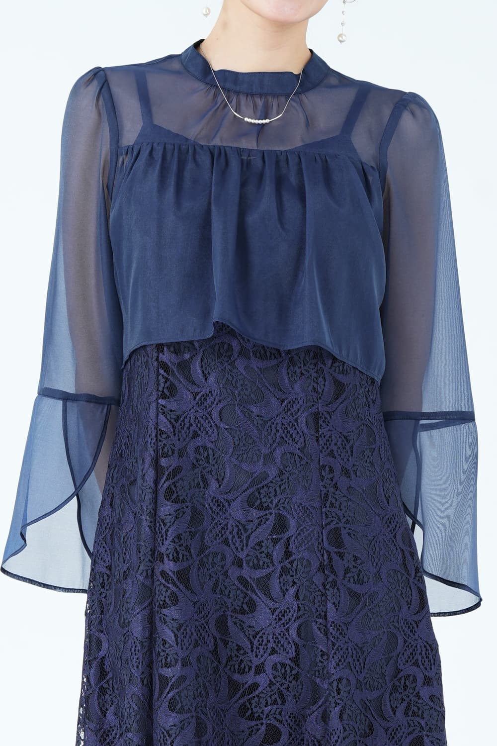 シアーフレアスリーブレースネイビードレス