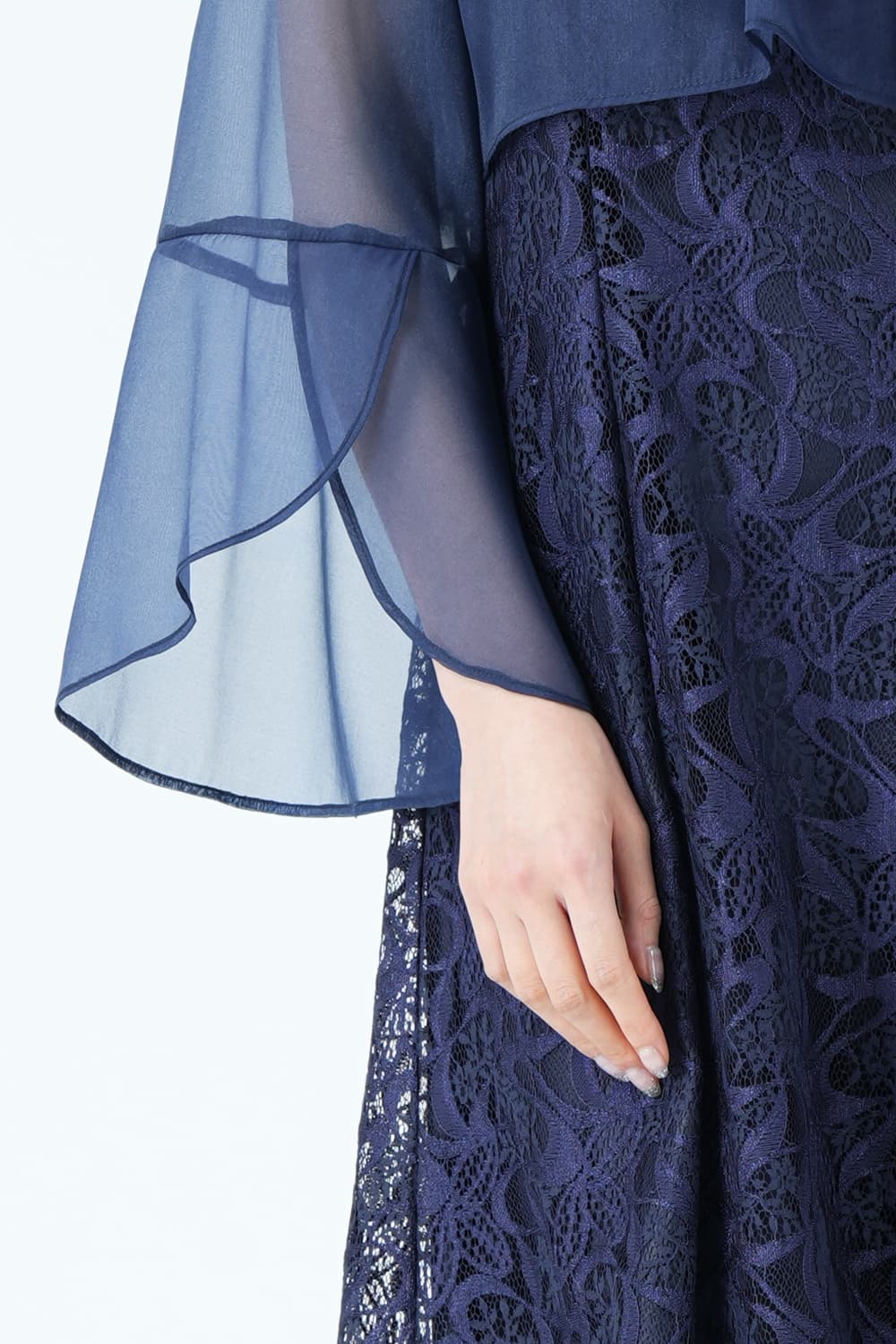 シアーフレアスリーブレースネイビードレス