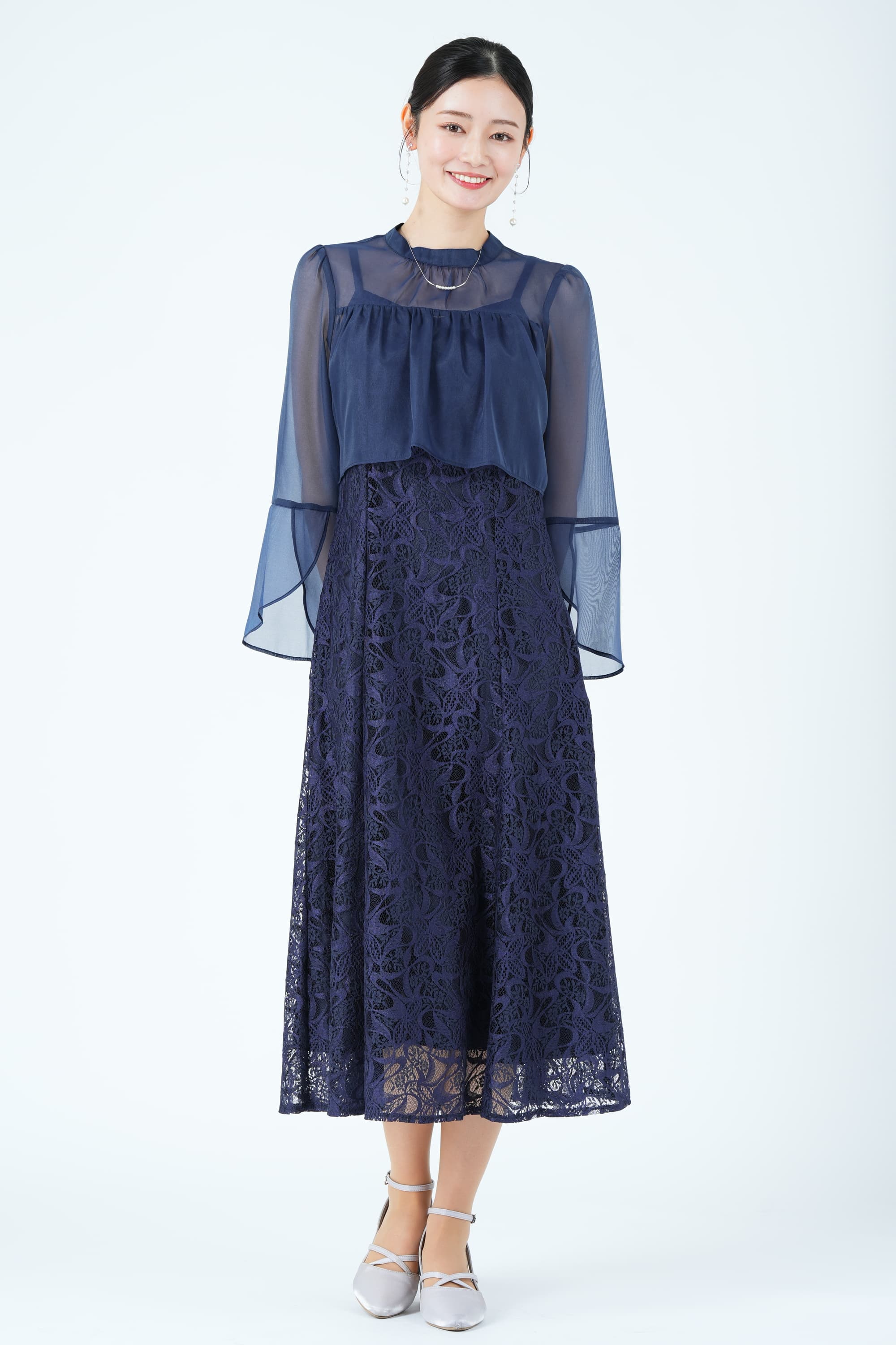 シアーフレアスリーブレースネイビードレス