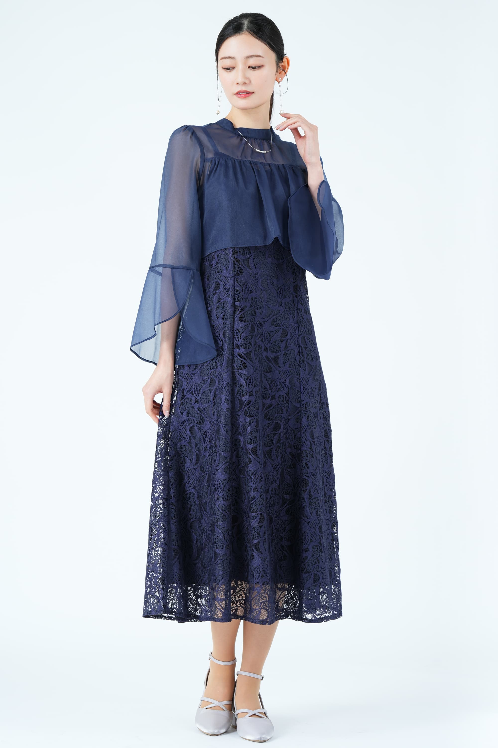 シアーフレアスリーブレースネイビードレス