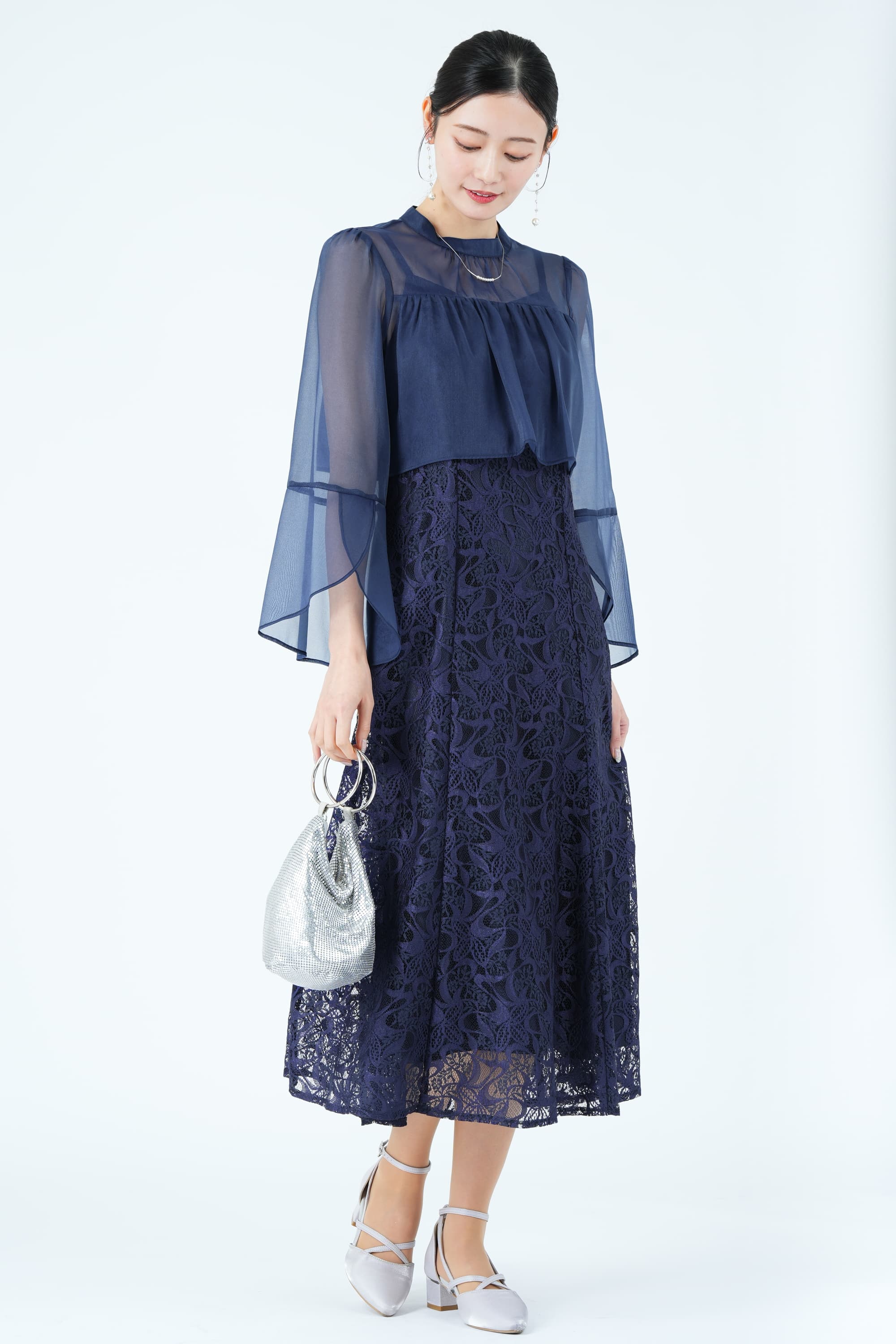 シアーフレアスリーブレースネイビードレス