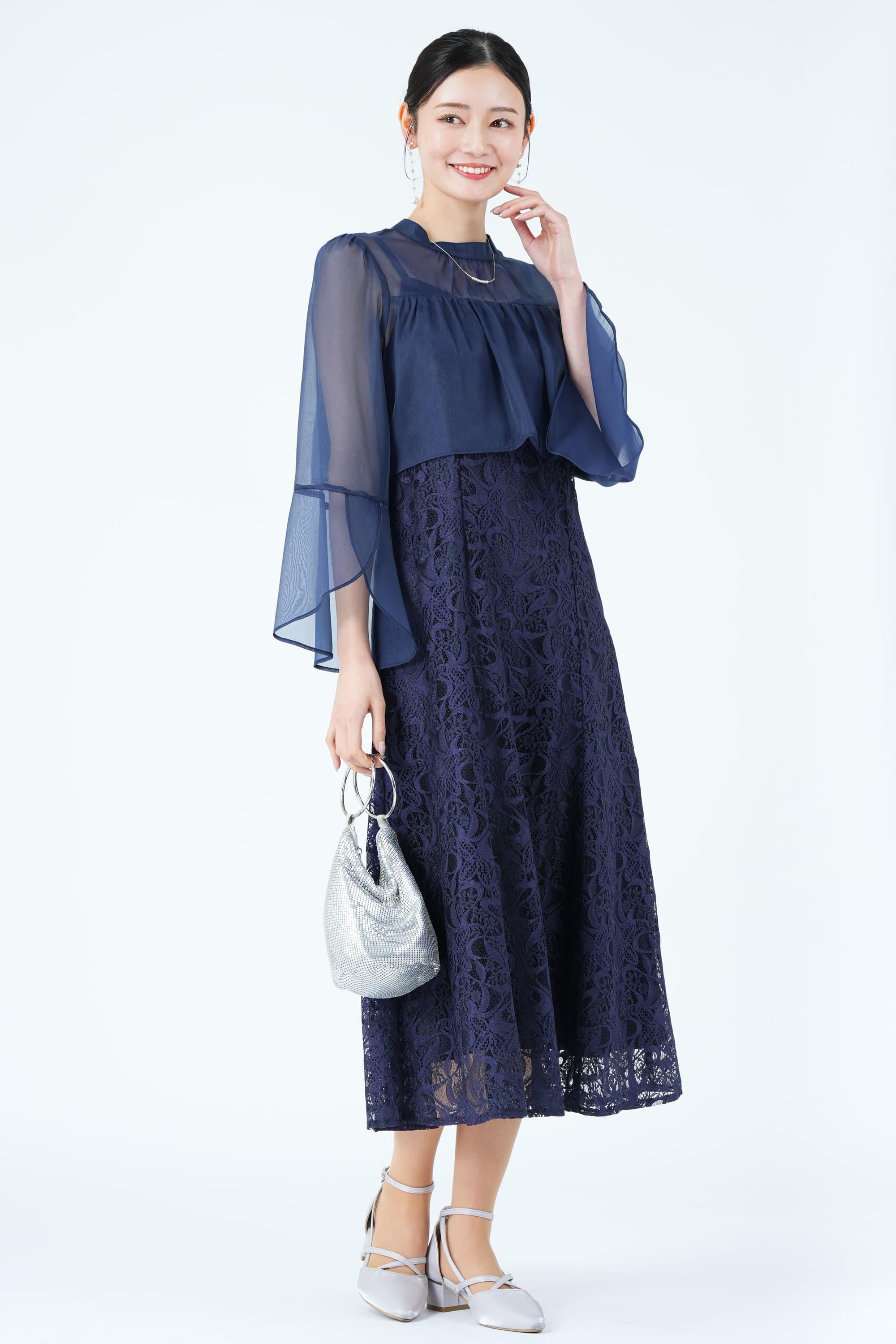 シアーフレアスリーブレースネイビードレス
