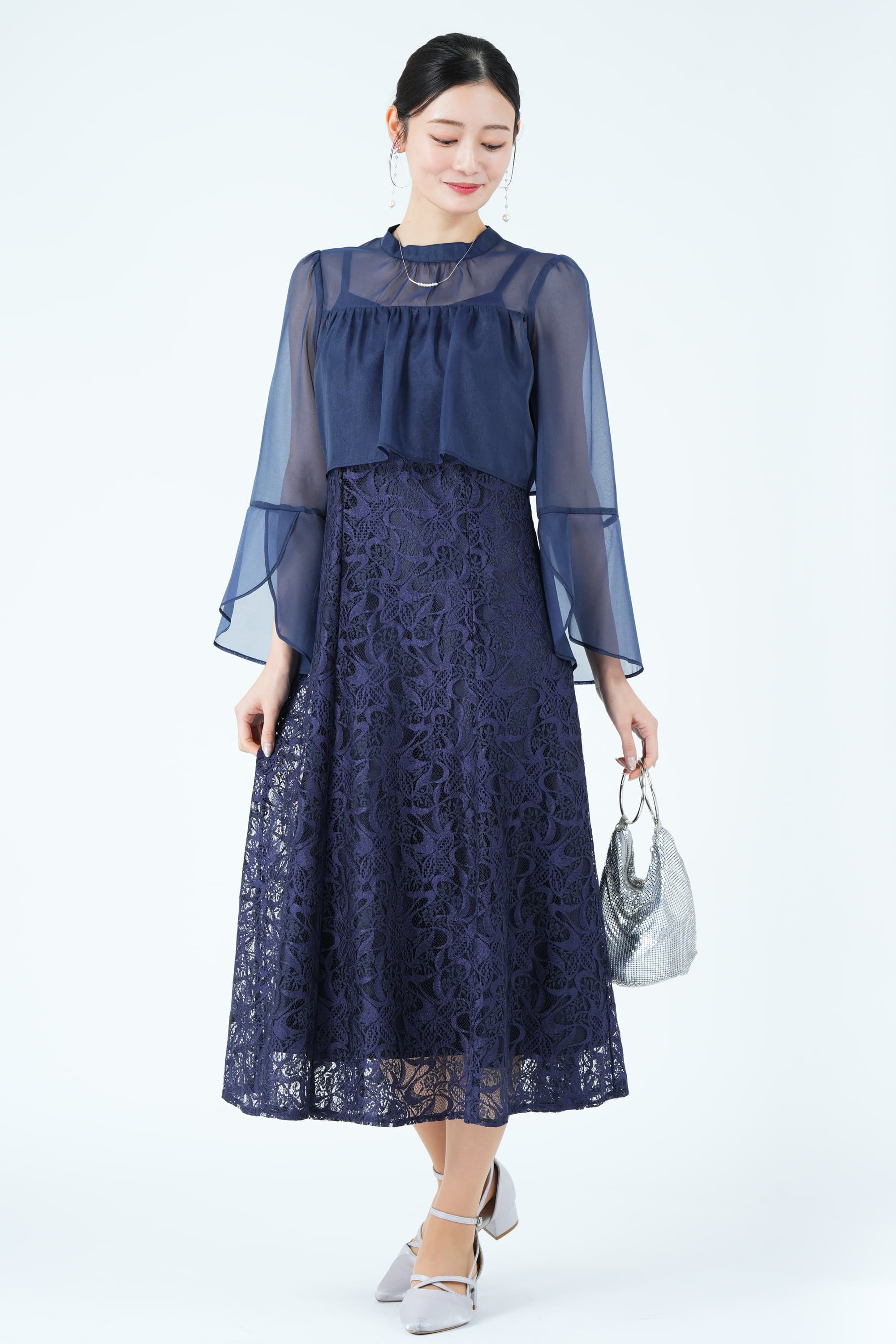 シアーフレアスリーブレースネイビードレス
