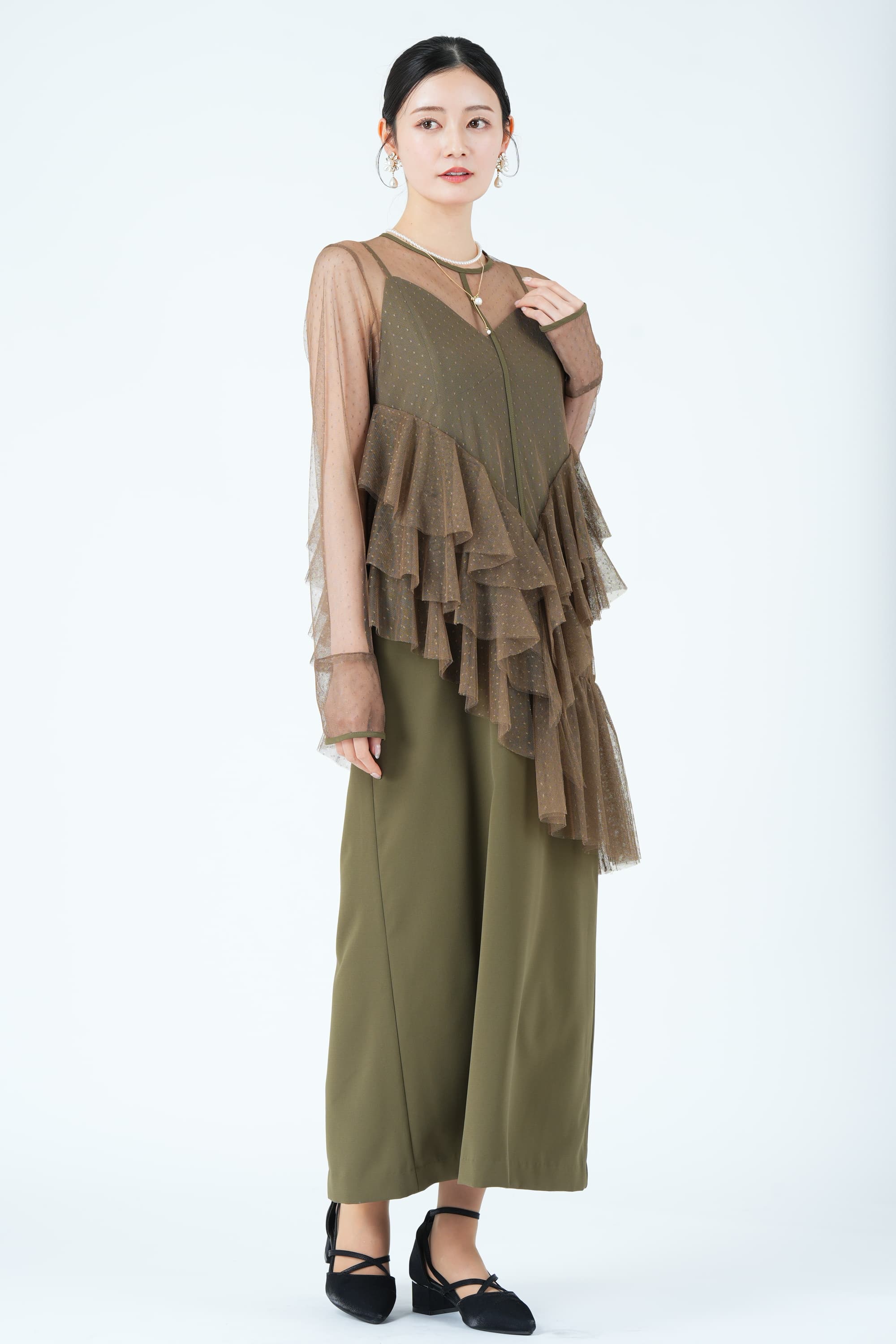 アシンメトリーフリルシアーカーキドレス