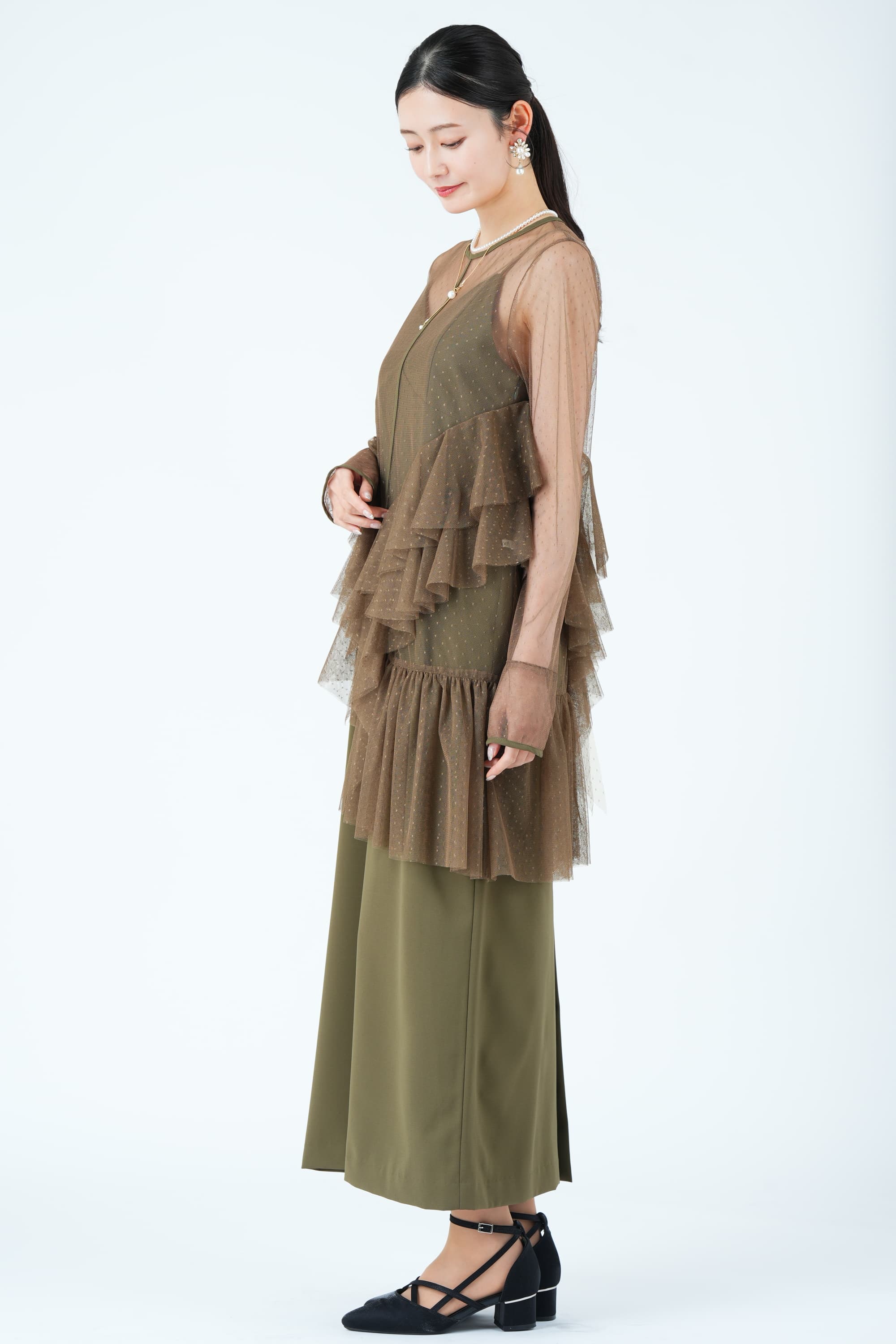 Ameri VINTAGE アシンメトリーフリルシアーカーキドレス (M) を
