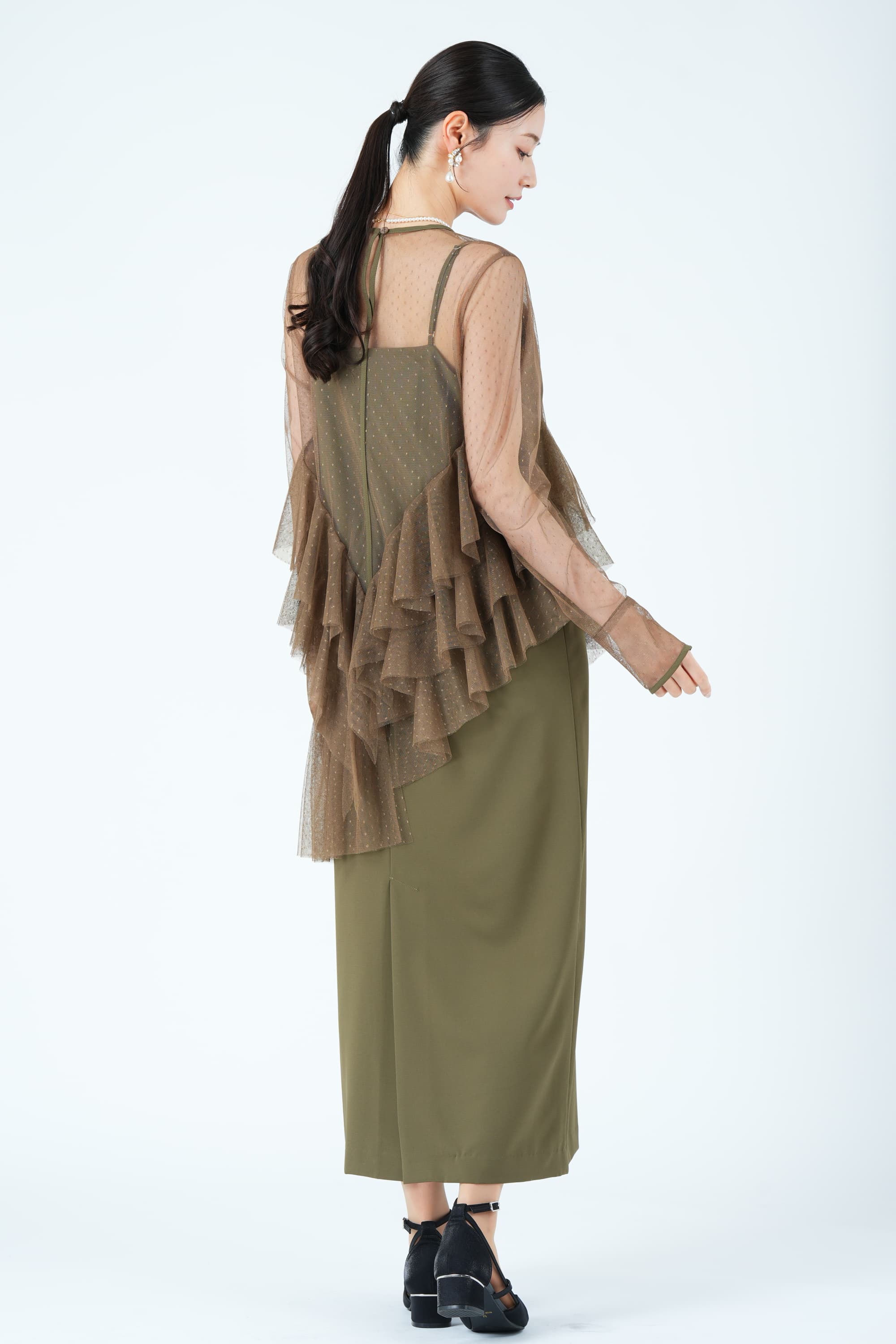 Ameri VINTAGE アシンメトリーフリルシアーカーキドレス (M) を