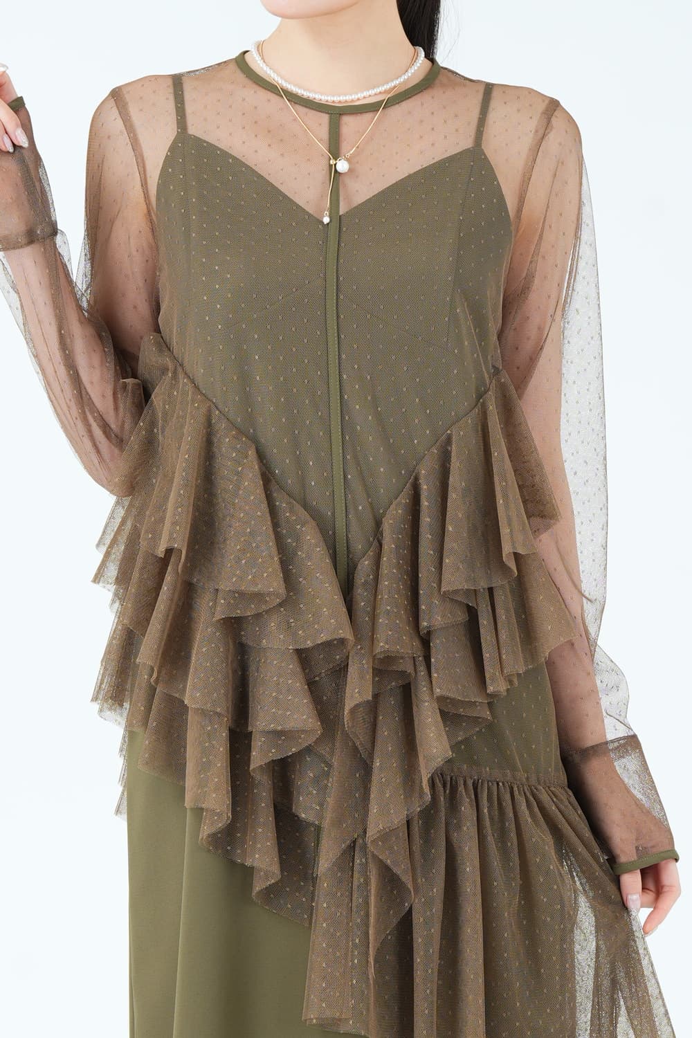 Ameri VINTAGE アシンメトリーフリルシアーカーキドレス (M) を