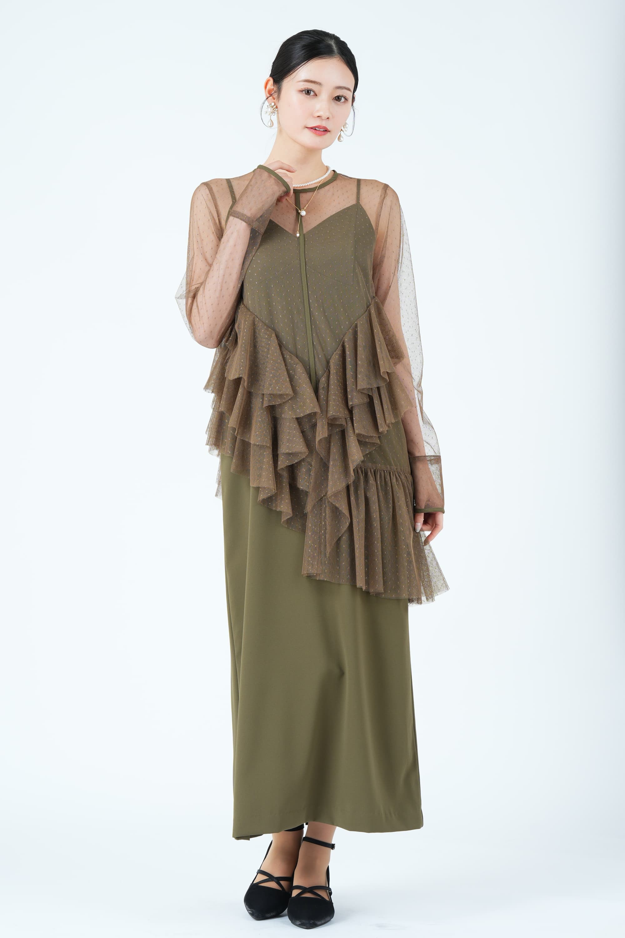 アシンメトリーフリルシアーカーキドレス
