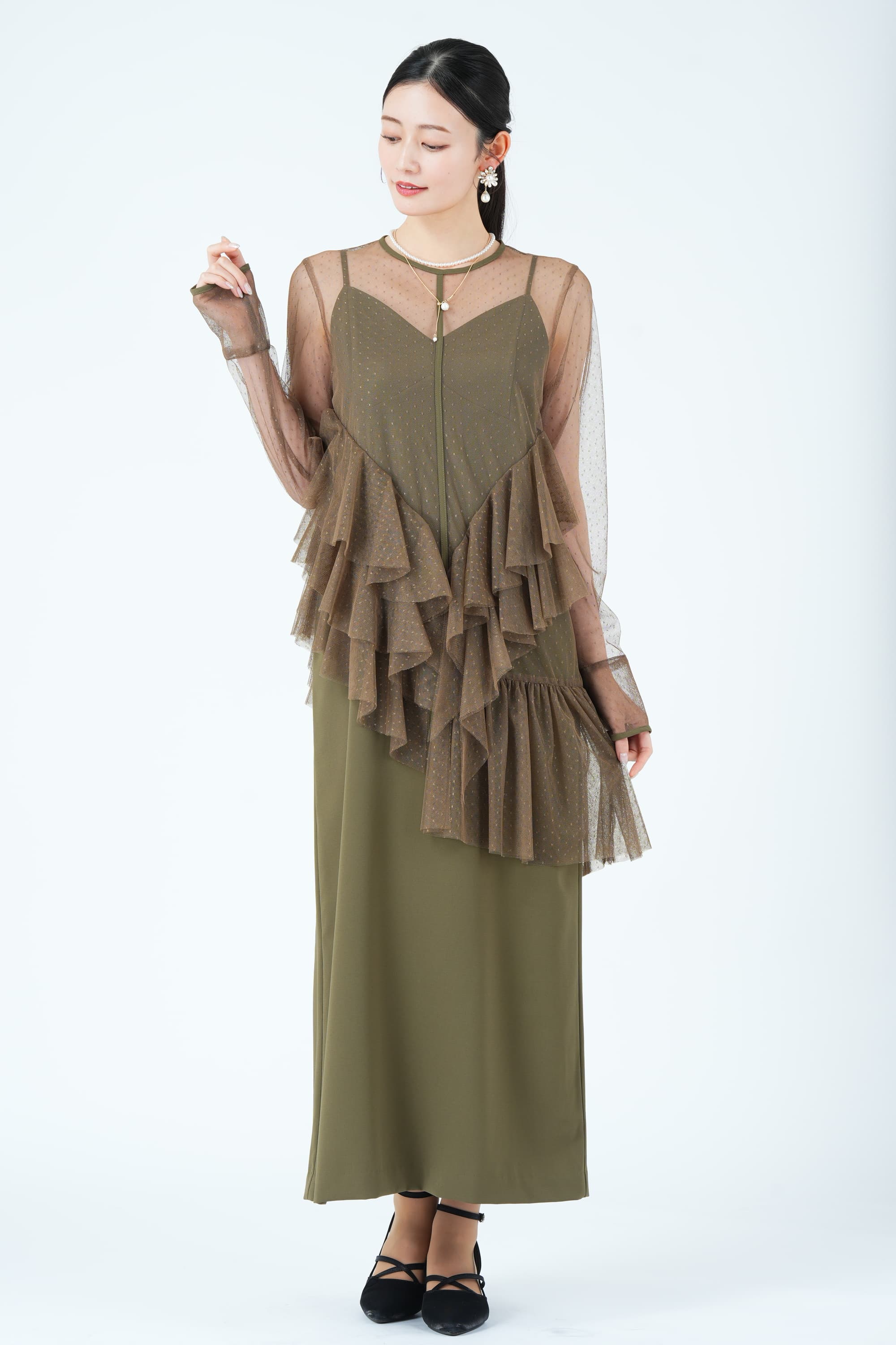 Ameri VINTAGE アシンメトリーフリルシアーカーキドレス (S) を