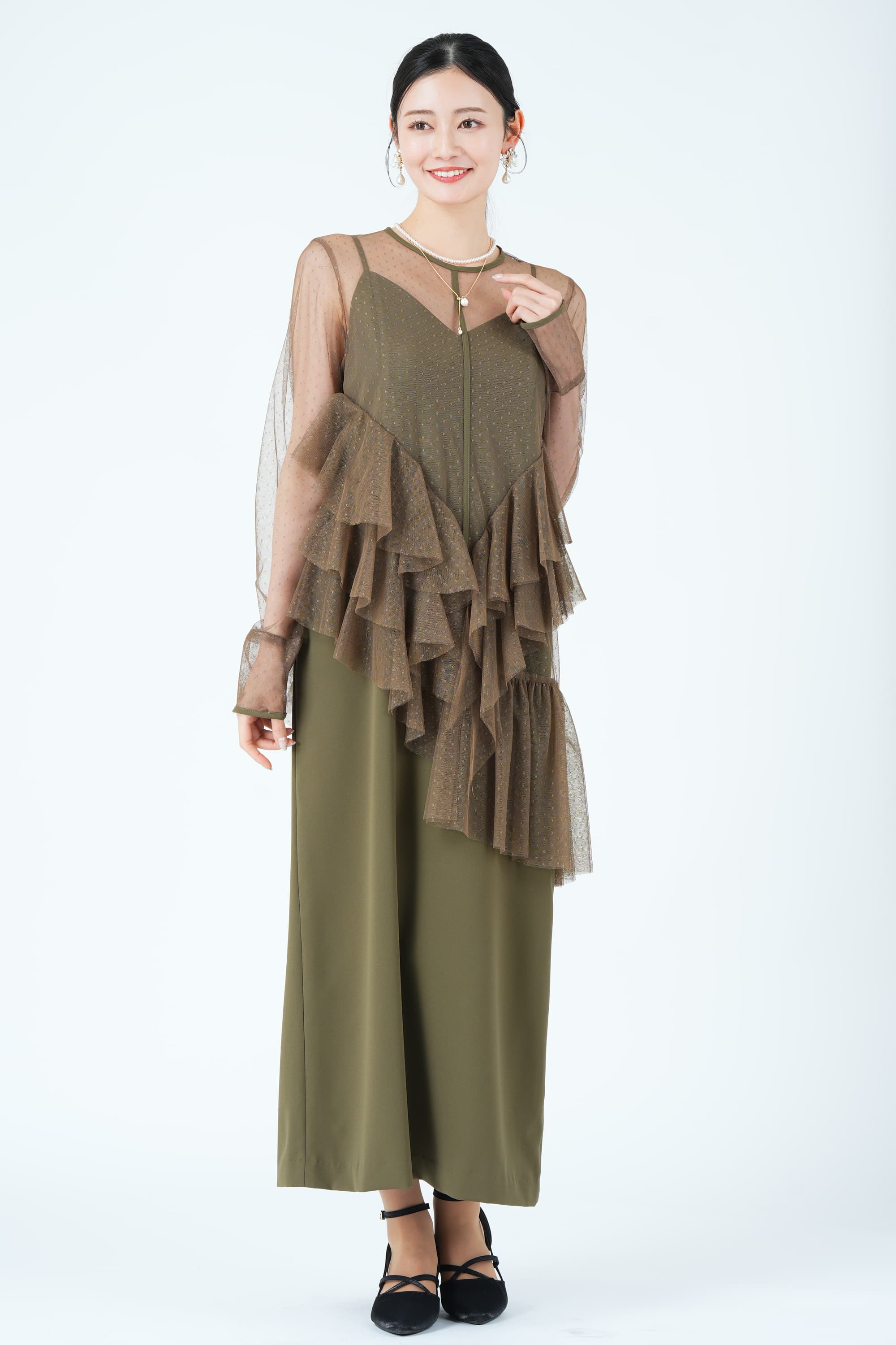 アシンメトリーフリルシアーカーキドレス