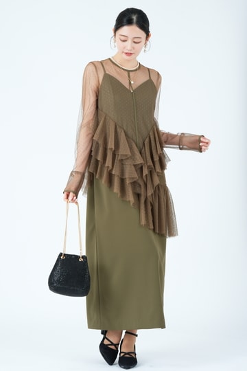Ameri VINTAGE アシンメトリーフリルシアーカーキドレス (S) を