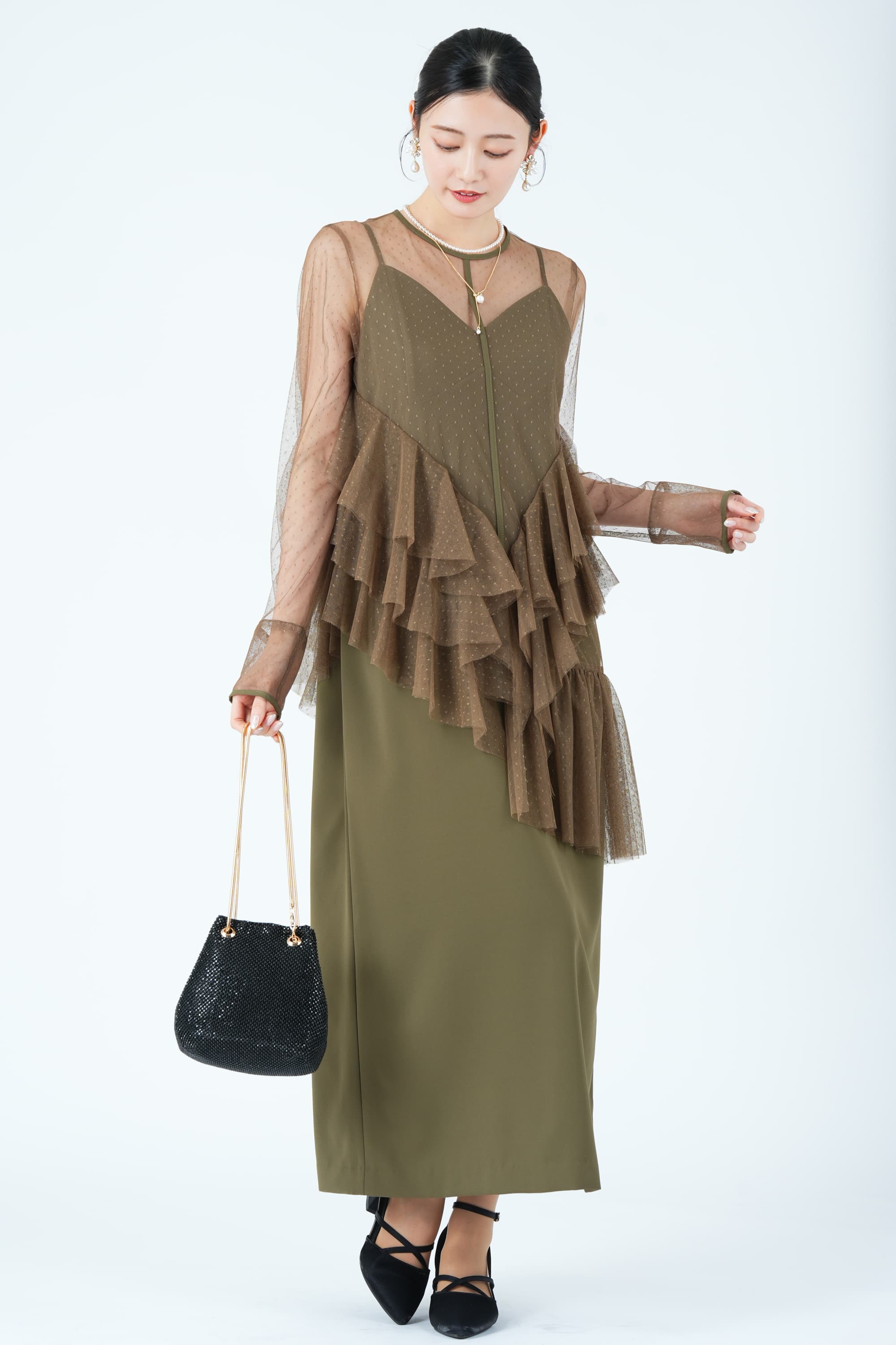 Ameri VINTAGE アシンメトリーフリルシアーカーキドレス (M) を