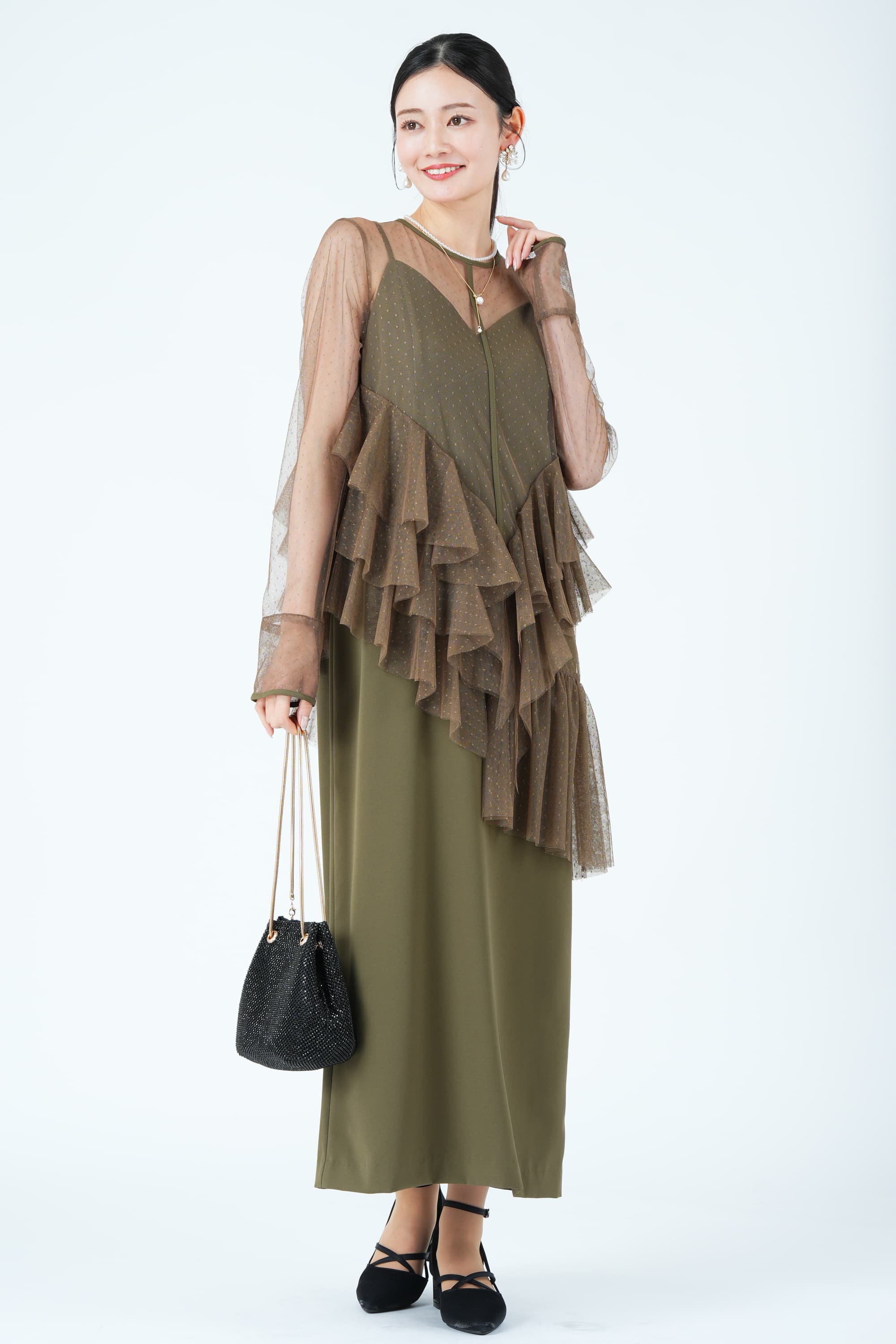アシンメトリーフリルシアーカーキドレス