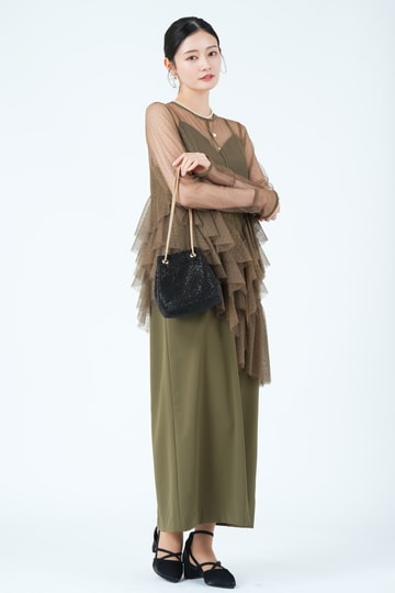 AMERI アシンメトリーフリルシアー　ドレス　カーキ　S Ameri VINTAGE アシンメトリーフリルシアーカーキドレス (M) を