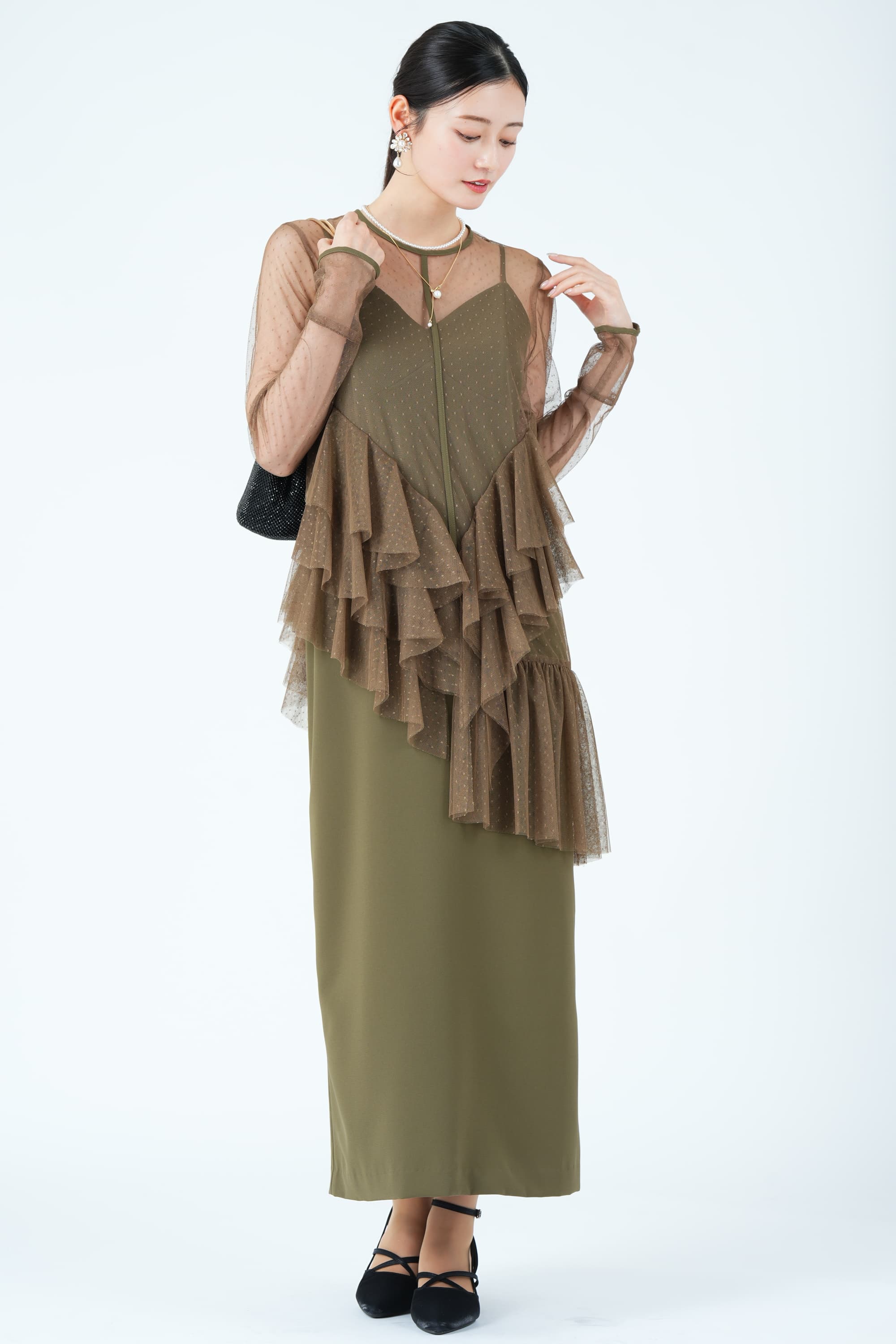 AMERI アシンメトリーフリルシアー　ドレス　カーキ　S Ameri VINTAGE アシンメトリーフリルシアーカーキドレス (M) を