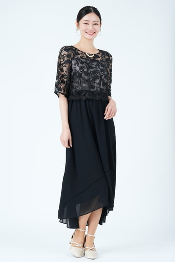 フラワー刺繍イレギュラーヘムブラックドレス