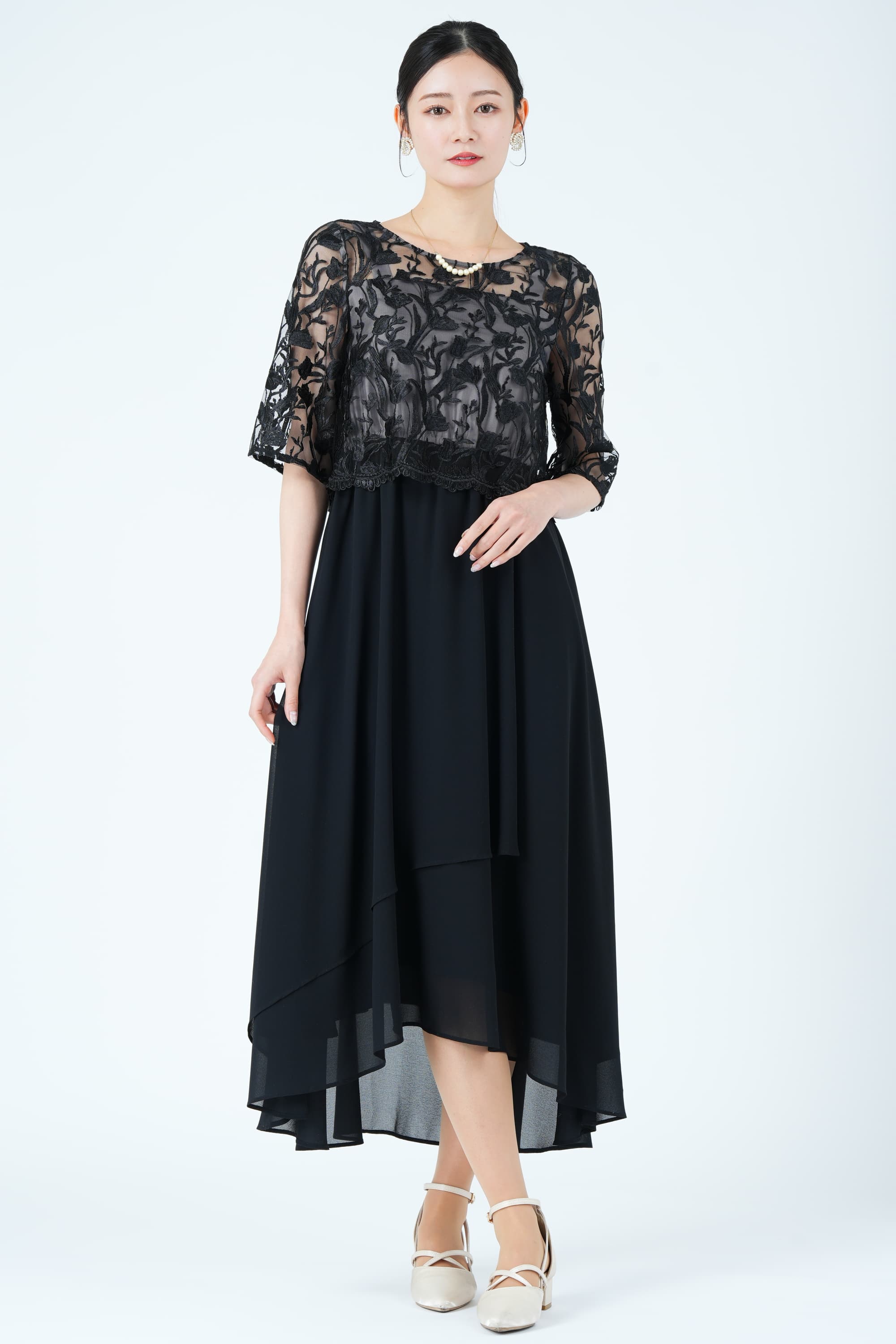 フラワー刺繍イレギュラーヘムブラックドレス