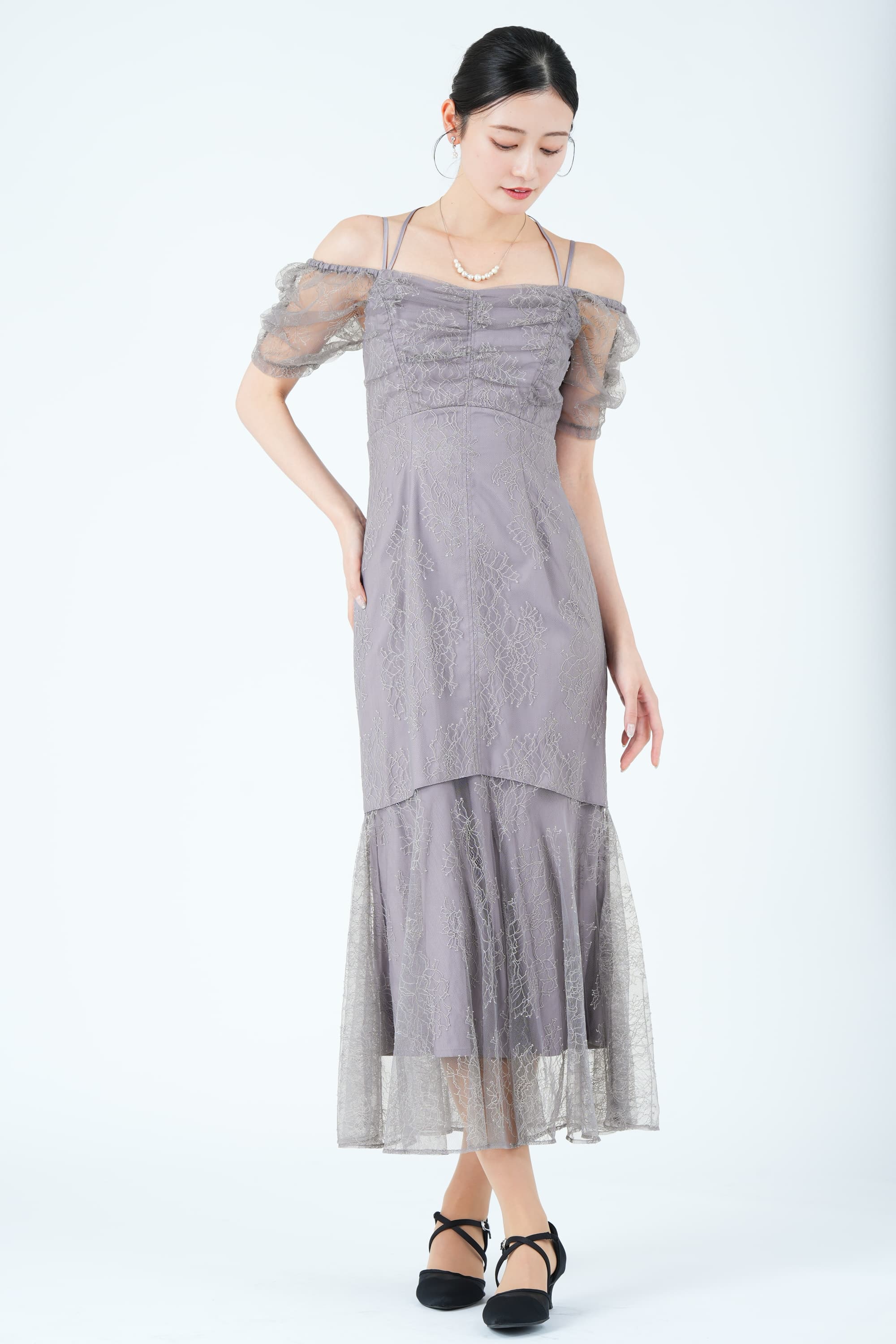 SNIDEL レースオフショル×マーメイドラベンダーグレードレス (M) を