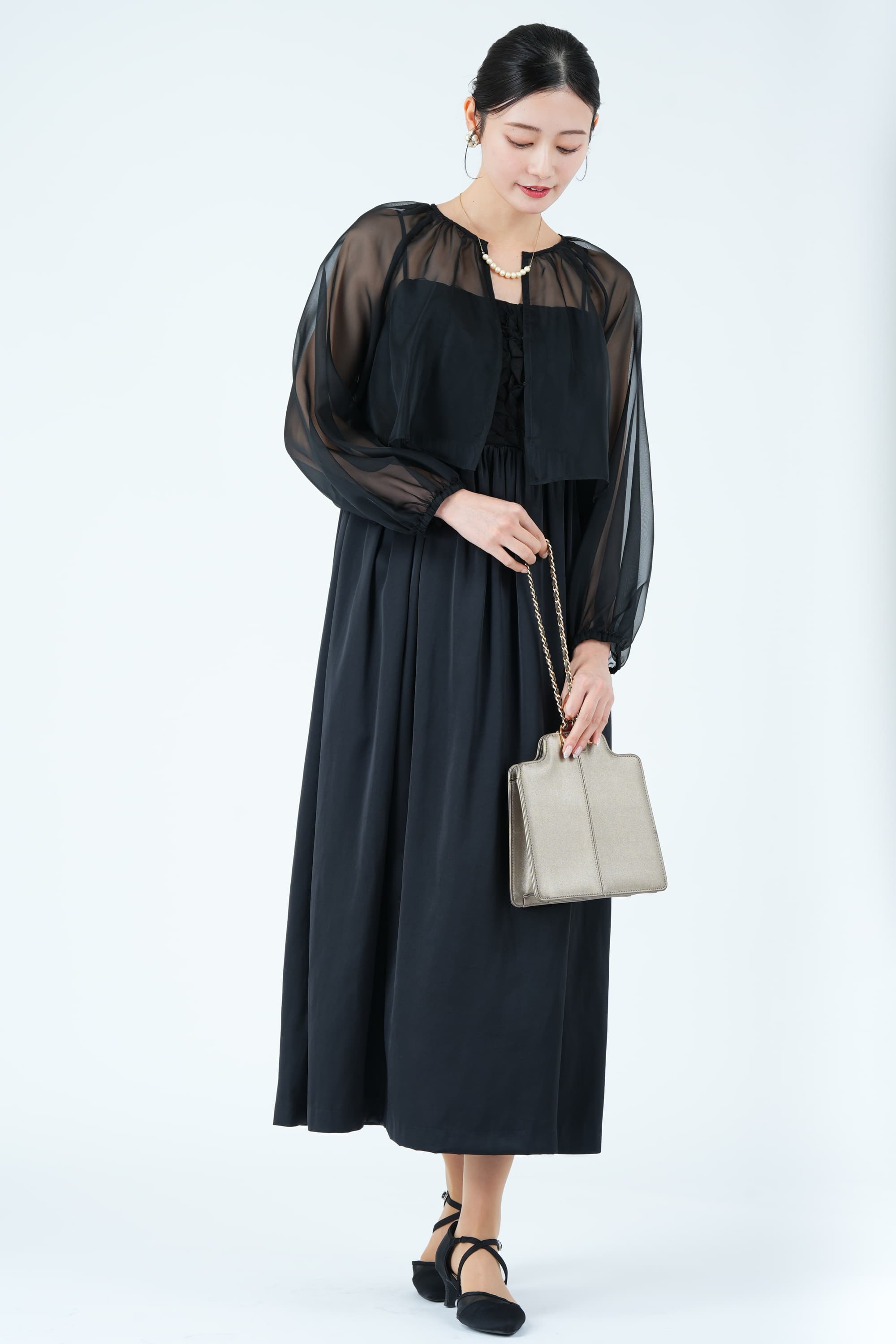 UNITED ARROWS シアーボレロ×立体フラワー刺繍ブラックドレス (M) を