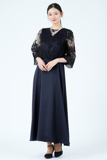 シャイニーレースレイヤード上質サテンネイビードレス