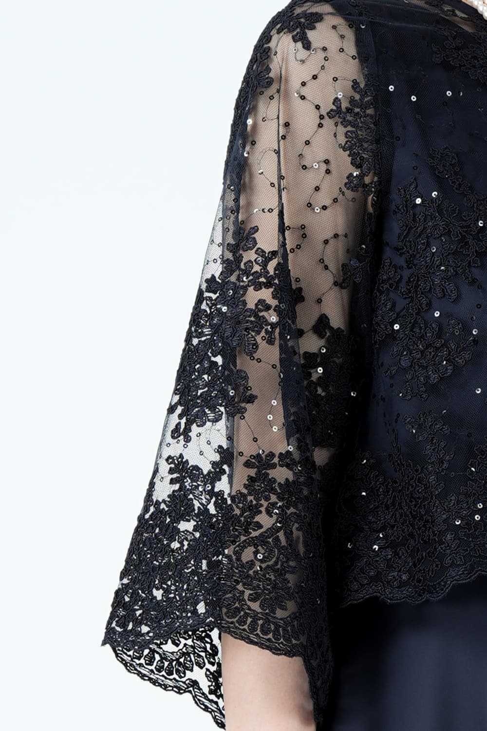 シャイニーレースレイヤード上質サテンネイビードレス