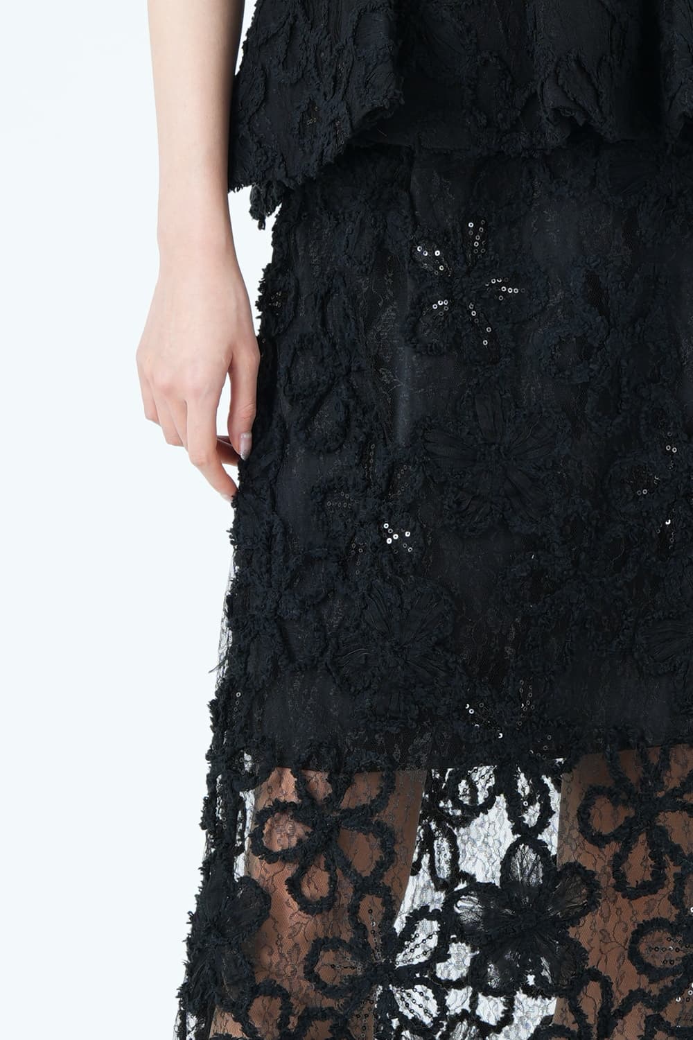 花柄レースペプラムシアーヘムブラックドレス