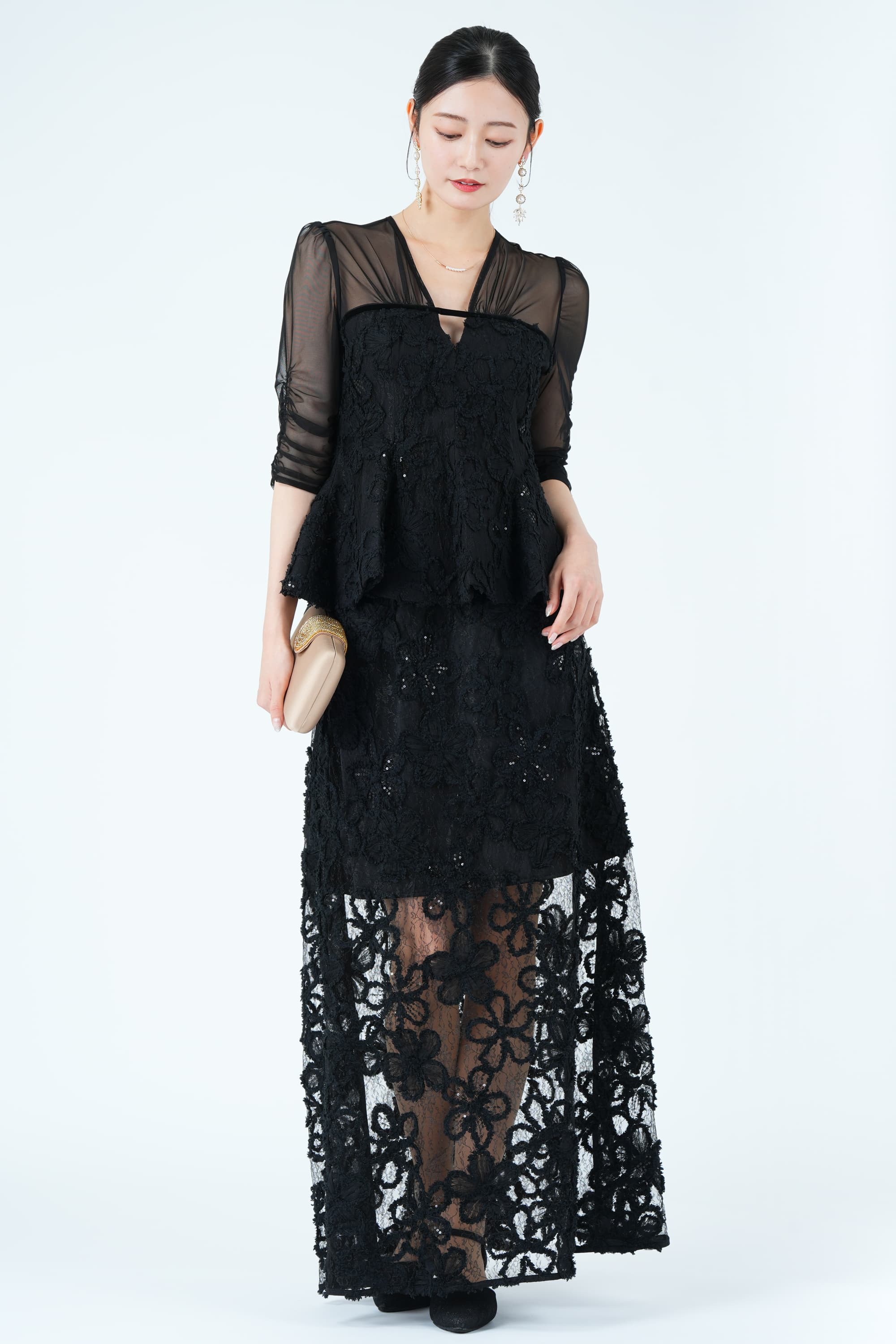 LEJA 花柄レースペプラムシアーヘムブラックドレス (M) をレンタル