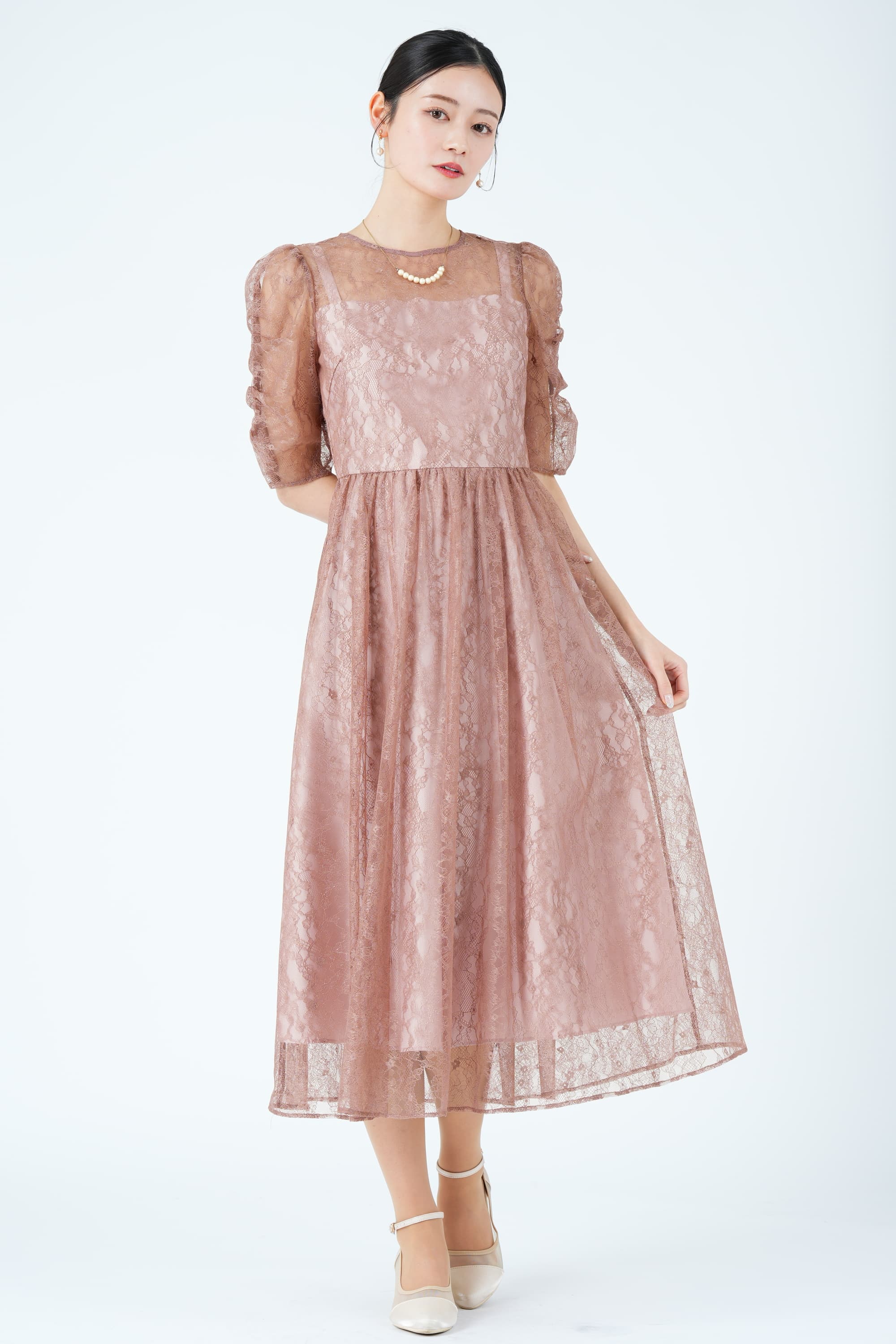 AIMER 繊細ラメレースピンクドレス (S) をレンタル - 結婚式パーティー