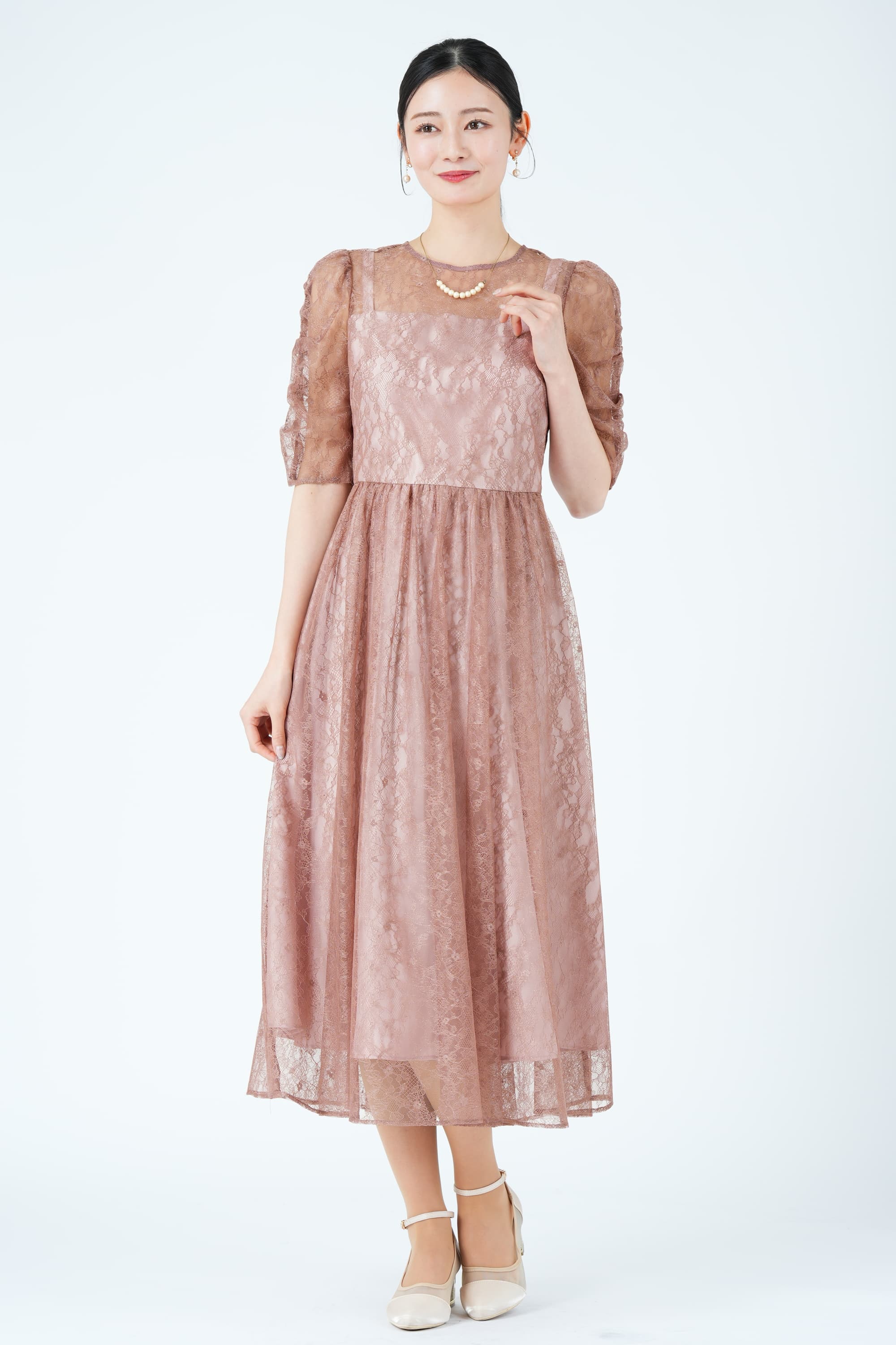 AIMER 繊細ラメレースピンクドレス (M) をレンタル - 結婚式パーティー