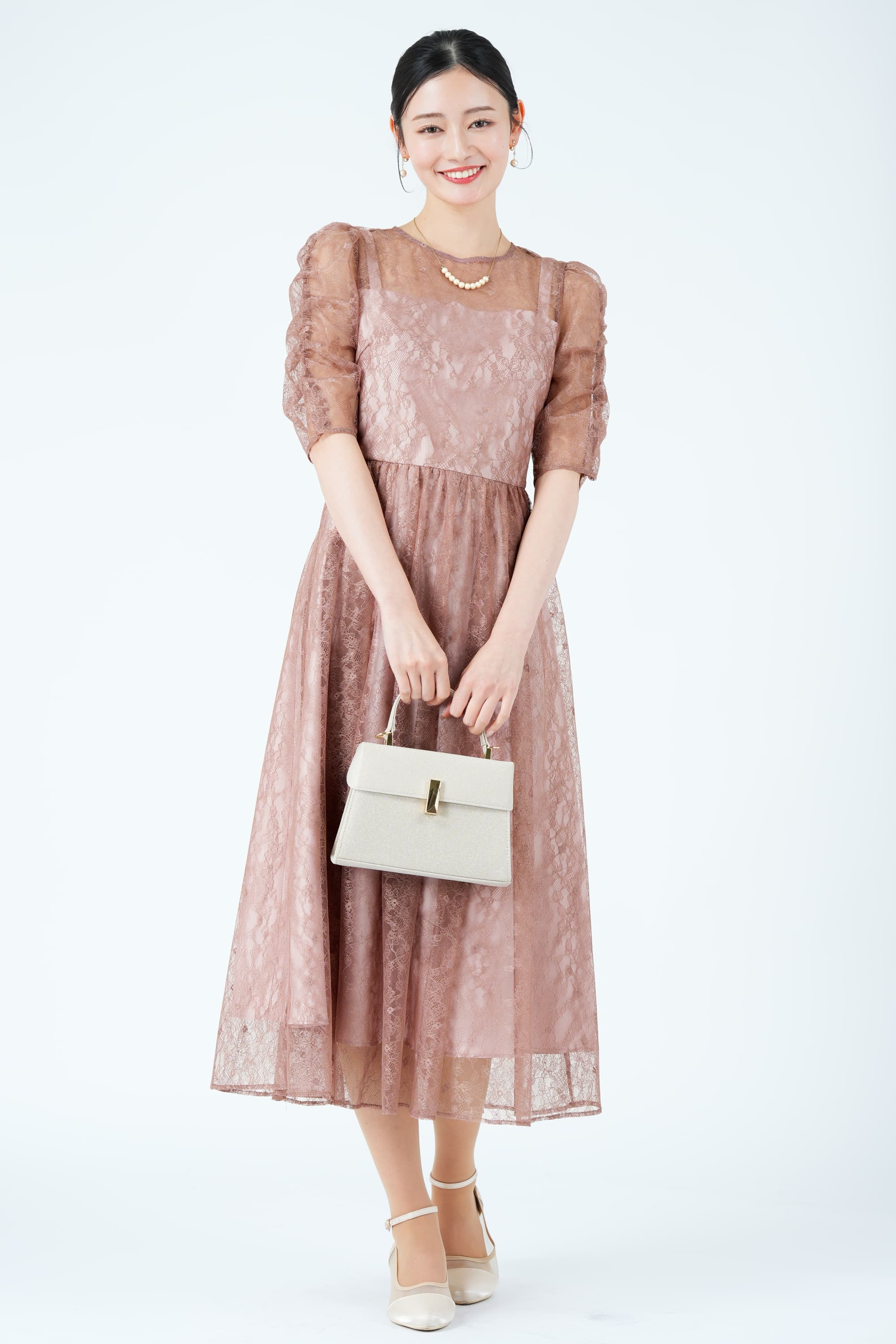 AIMER 繊細ラメレースピンクドレス (M) をレンタル - 結婚式パーティー