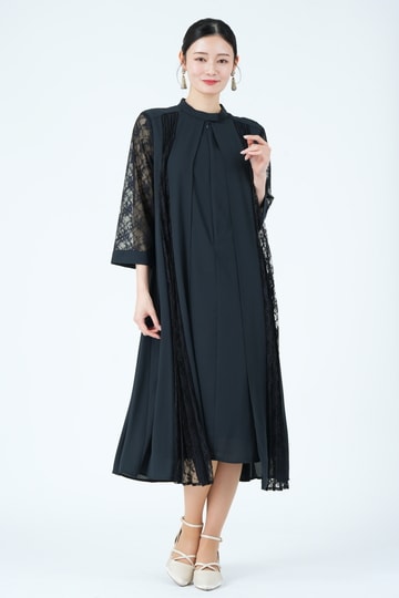 フロントレース縦ラインスタンドカラーネイビードレス