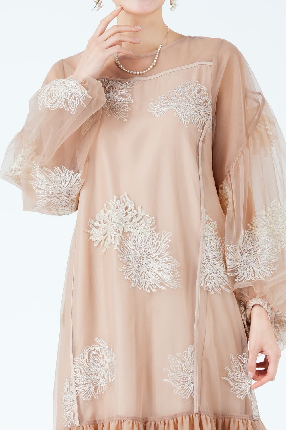 花刺繍バルーンスリーブオレンジドレス