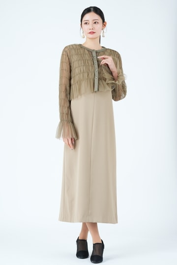 シャーリングチュールブラウス付きベージュドレス