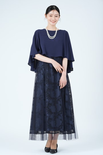 LACOUPE シフォンケープ×コード刺繍ネイビードレス (LL〜3L) を
