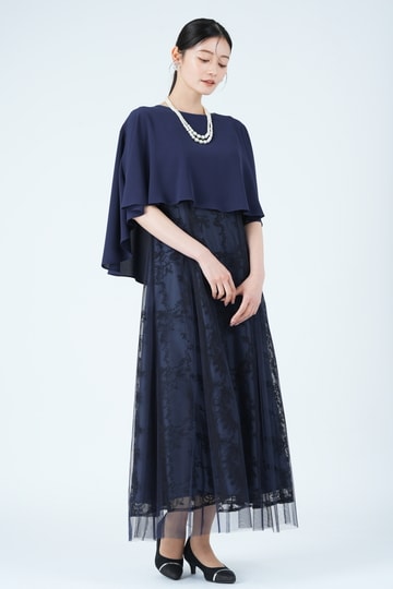 LACOUPE シフォンケープ×コード刺繍ネイビードレス (LL〜3L) を