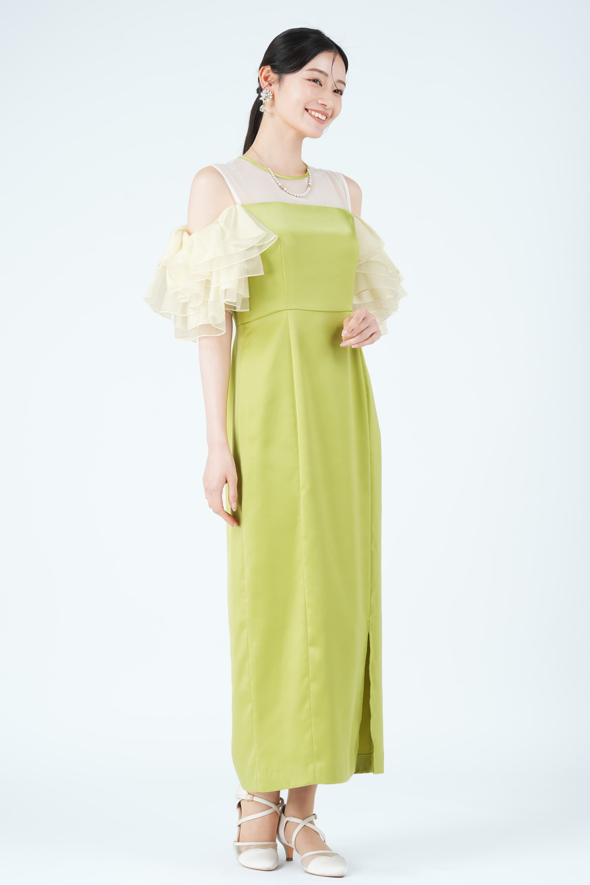 ボリュームラッフルスリーブオリーブドレス