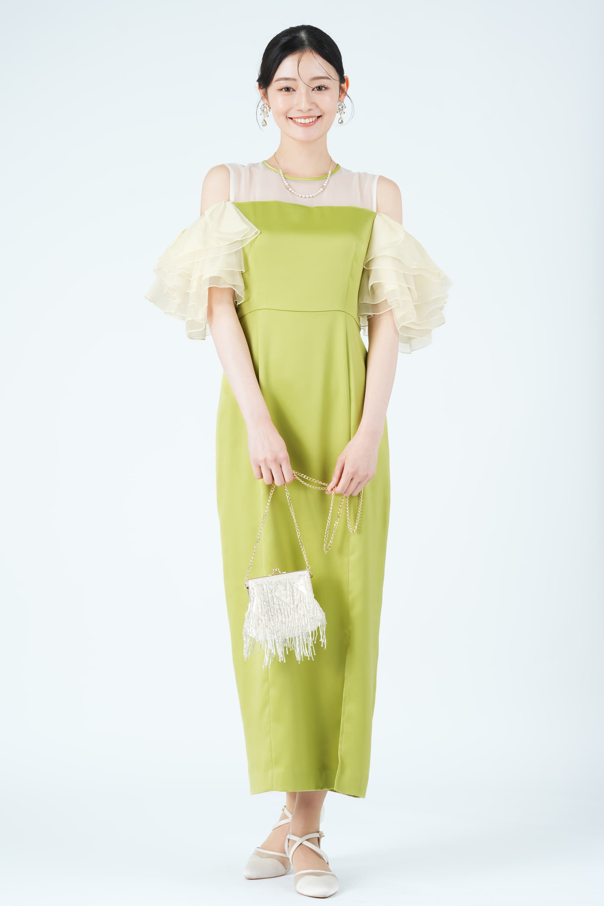 ボリュームラッフルスリーブオリーブドレス