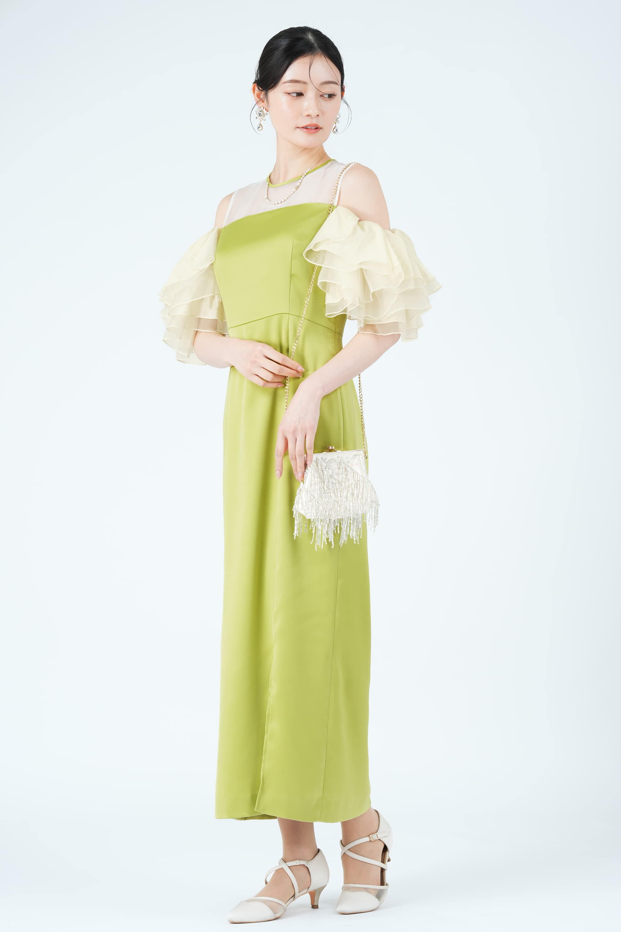 ボリュームラッフルスリーブオリーブドレス