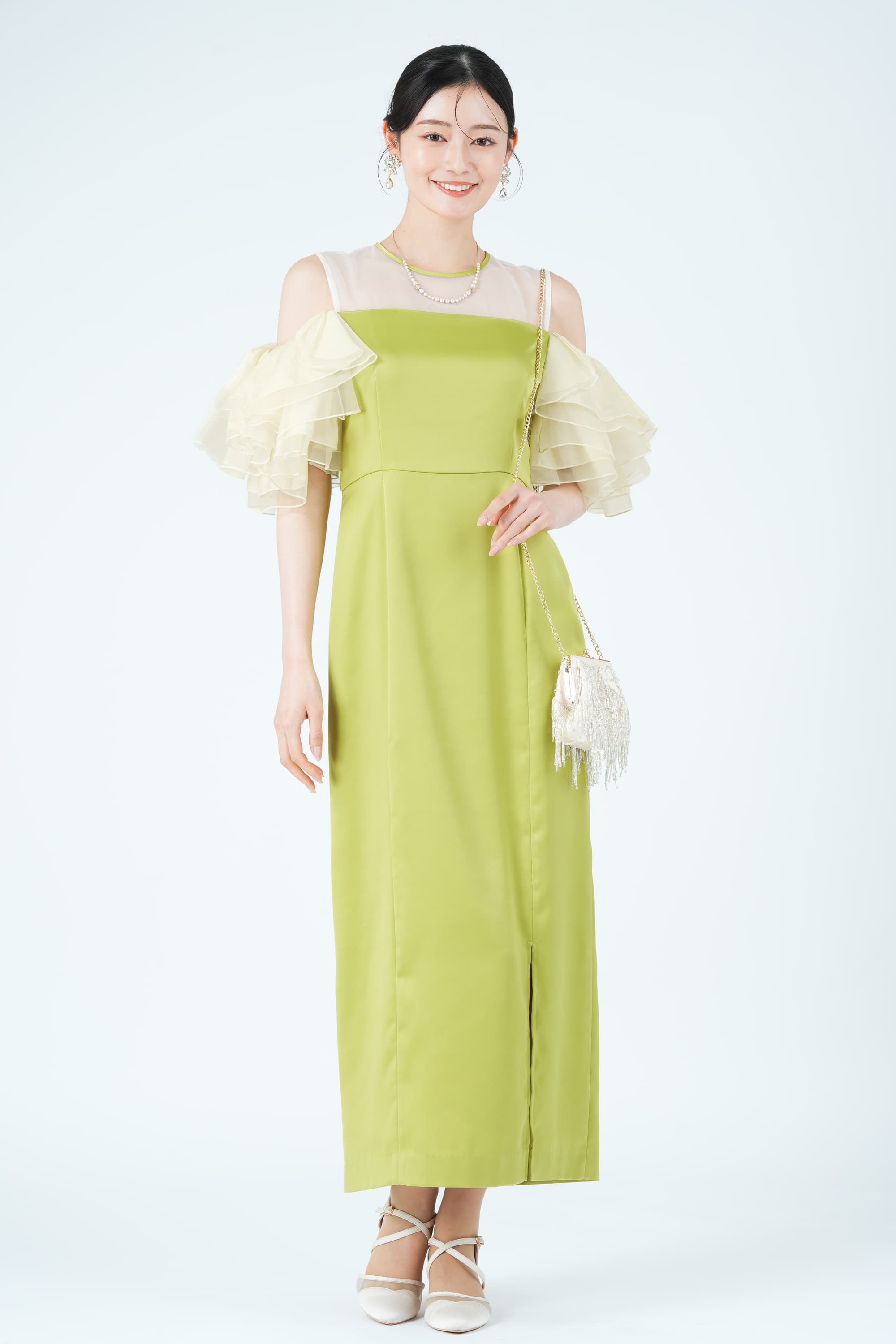 ボリュームラッフルスリーブオリーブドレス