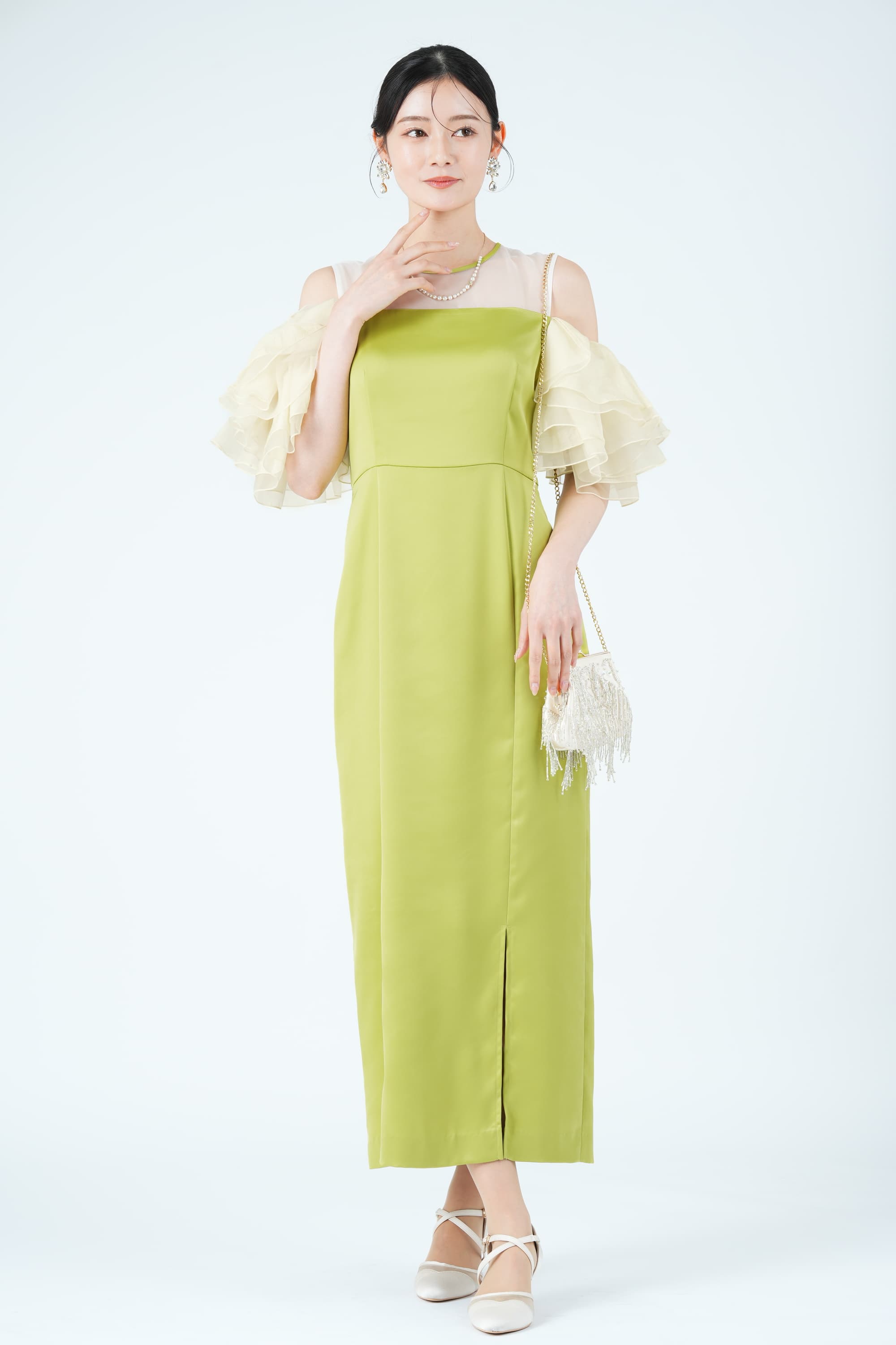 ボリュームラッフルスリーブオリーブドレス