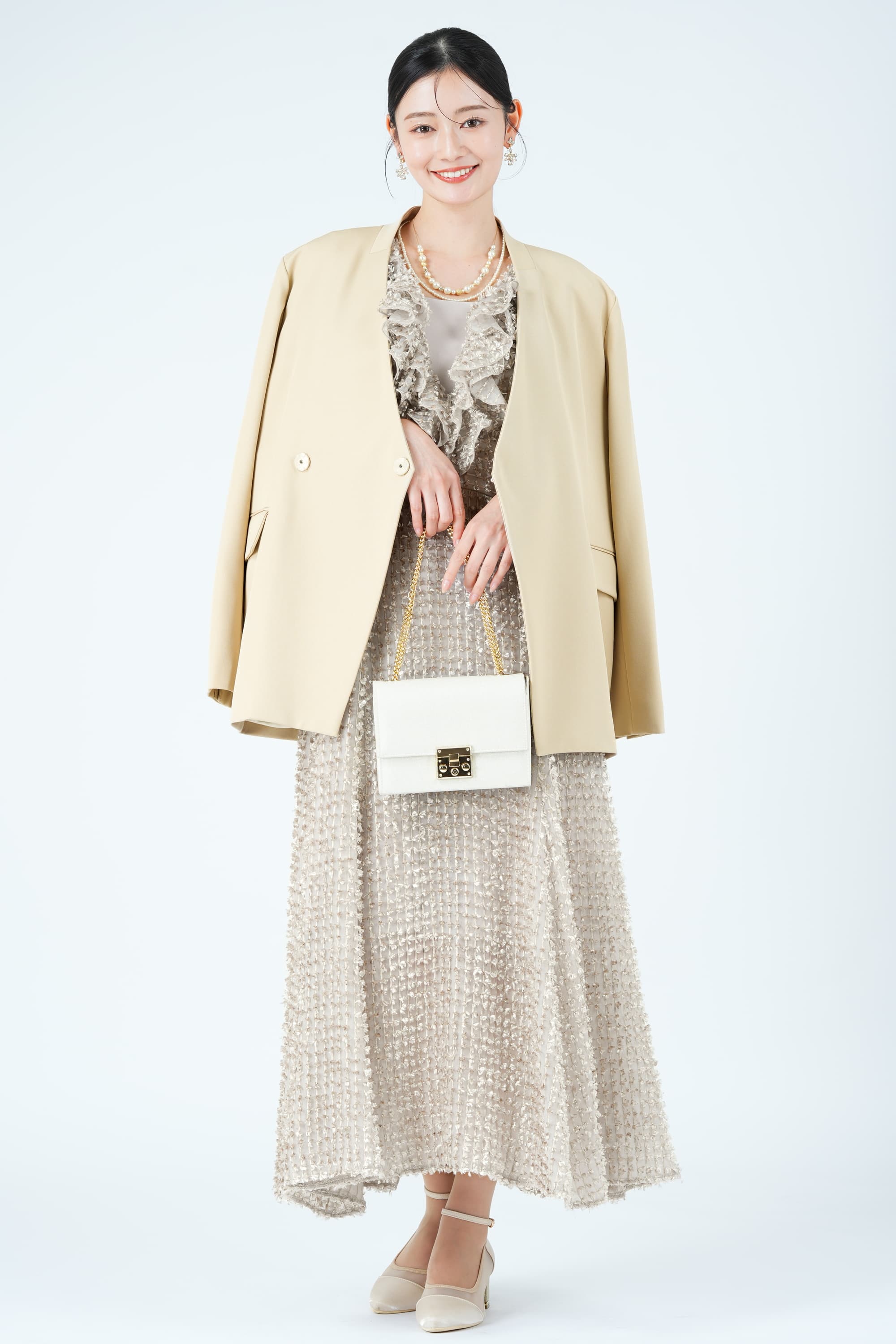 起毛フリンジフリルグレージュドレス