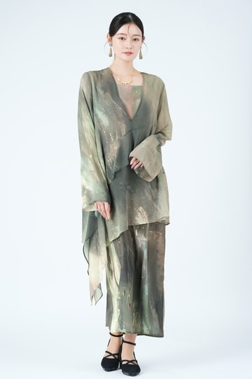 ペイントアート柄レイヤードカーキドレス