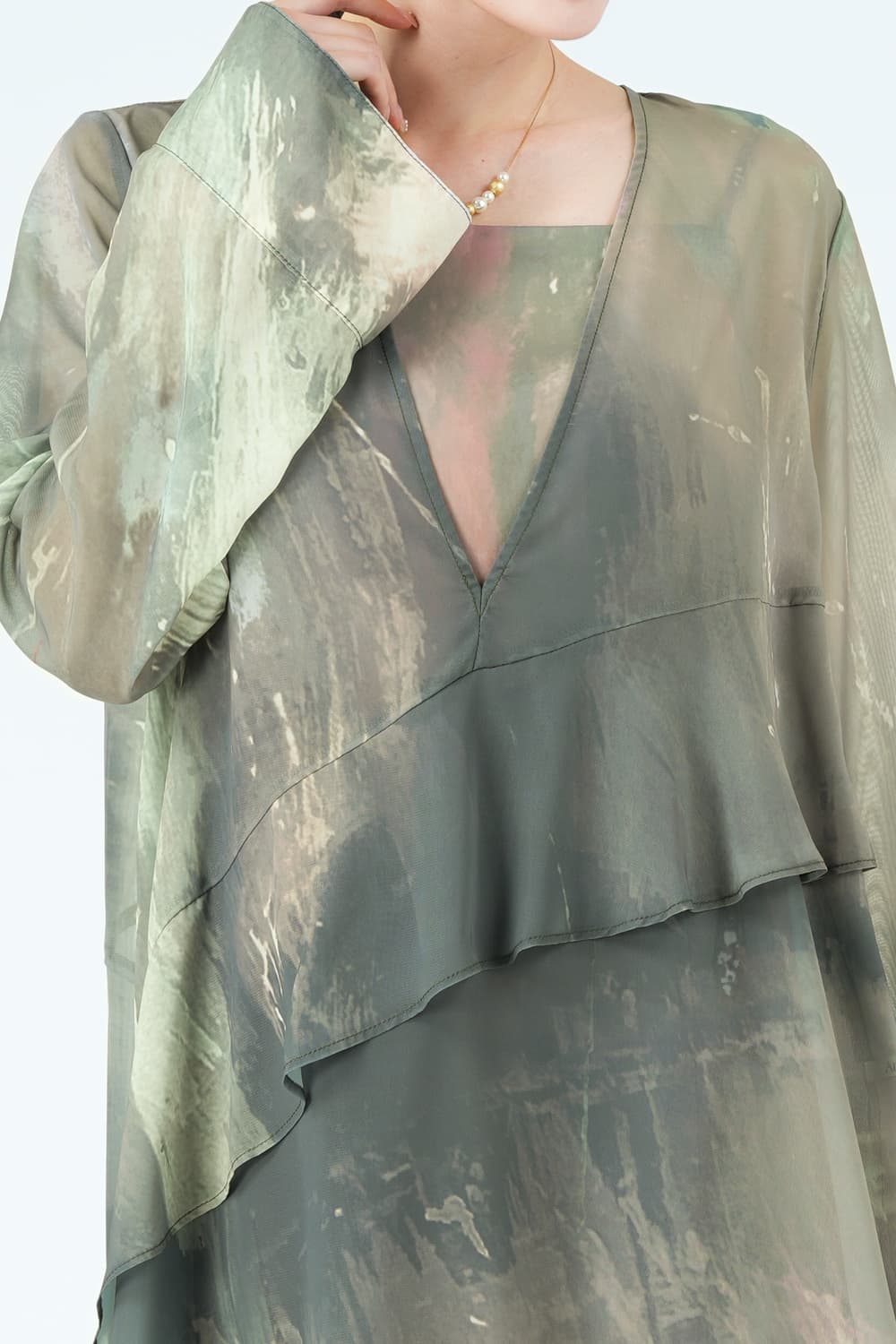 ペイントアート柄レイヤードカーキドレス